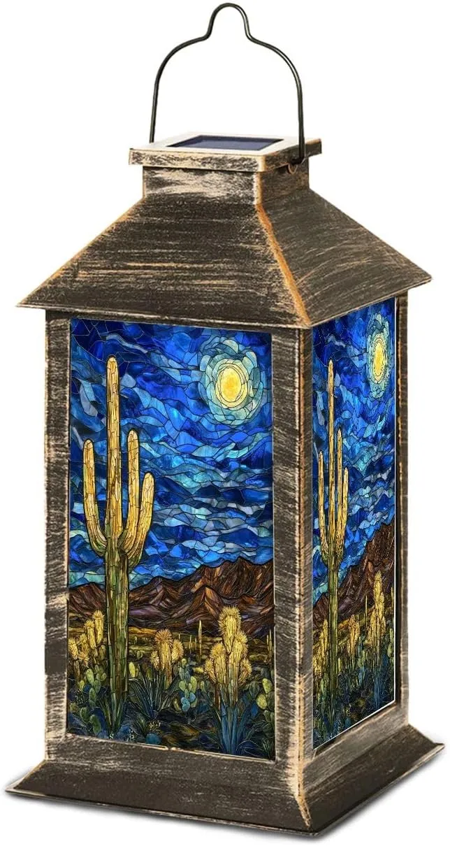 Solar Lantern Fantasy Desert Nightfall Stained Glass Decor Outdoor Waterproof Garden Hanging Lantern Solar Powered Lighting Outside Table Lamp for Patio Deck Camping 1 Pack