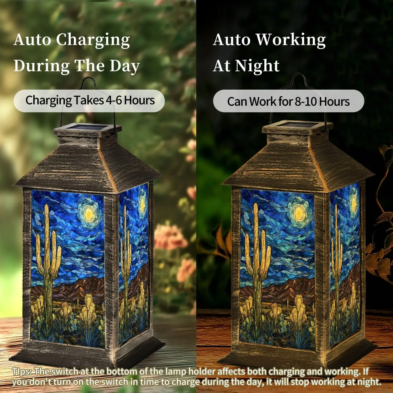 Solar Lantern Fantasy Desert Nightfall Stained Glass Decor Outdoor Waterproof Garden Hanging Lantern Solar Powered Lighting Outside Table Lamp for Patio Deck Camping 1 Pack