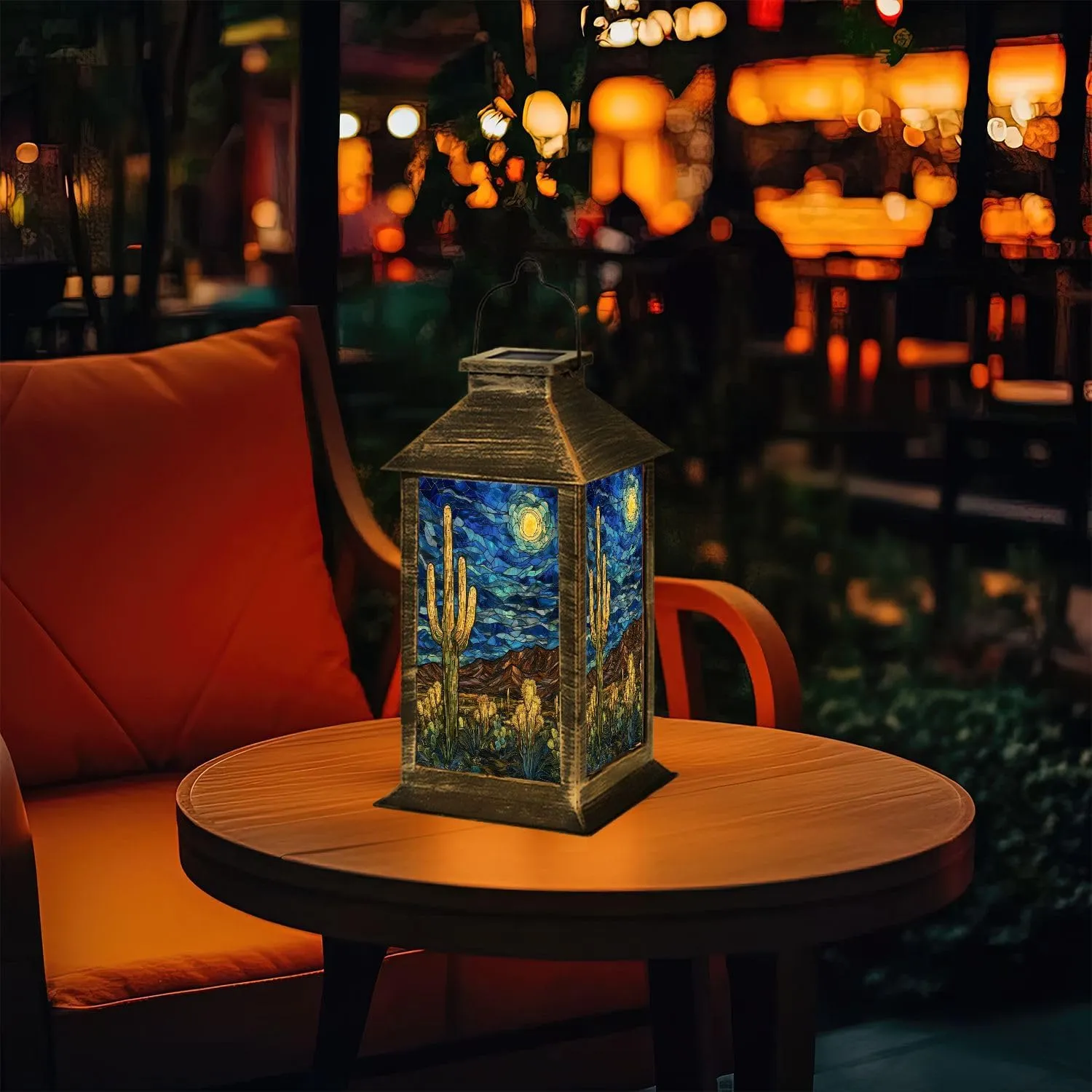 Solar Lantern Fantasy Desert Nightfall Stained Glass Decor Outdoor Waterproof Garden Hanging Lantern Solar Powered Lighting Outside Table Lamp for Patio Deck Camping 1 Pack