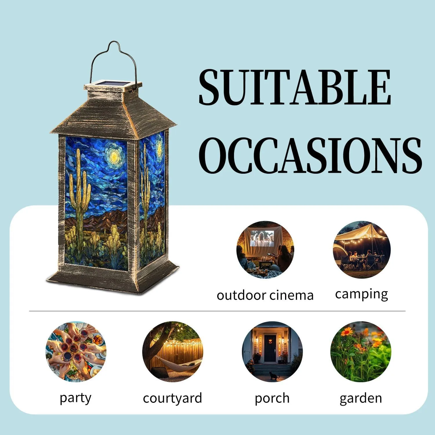 Solar Lantern Fantasy Desert Nightfall Stained Glass Decor Outdoor Waterproof Garden Hanging Lantern Solar Powered Lighting Outside Table Lamp for Patio Deck Camping 1 Pack