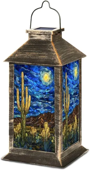 Solar Lantern Fantasy Desert Nightfall Stained Glass Decor Outdoor Waterproof Garden Hanging Lantern Solar Powered Lighting Outside Table Lamp for Patio Deck Camping 1 Pack