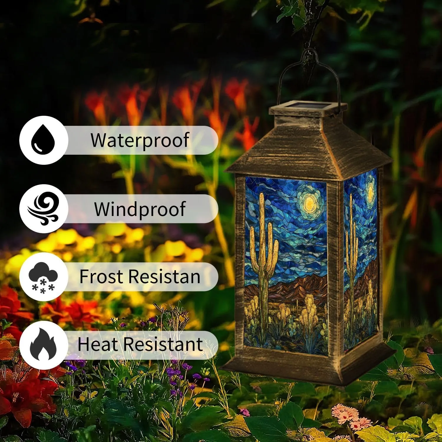 Solar Lantern Fantasy Desert Nightfall Stained Glass Decor Outdoor Waterproof Garden Hanging Lantern Solar Powered Lighting Outside Table Lamp for Patio Deck Camping 1 Pack