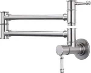 Solid Brass Pot Filler, Brushed Nickel Folding Kitchen Faucet, Wall Mount With 2 Handles Over Stove, One Hole