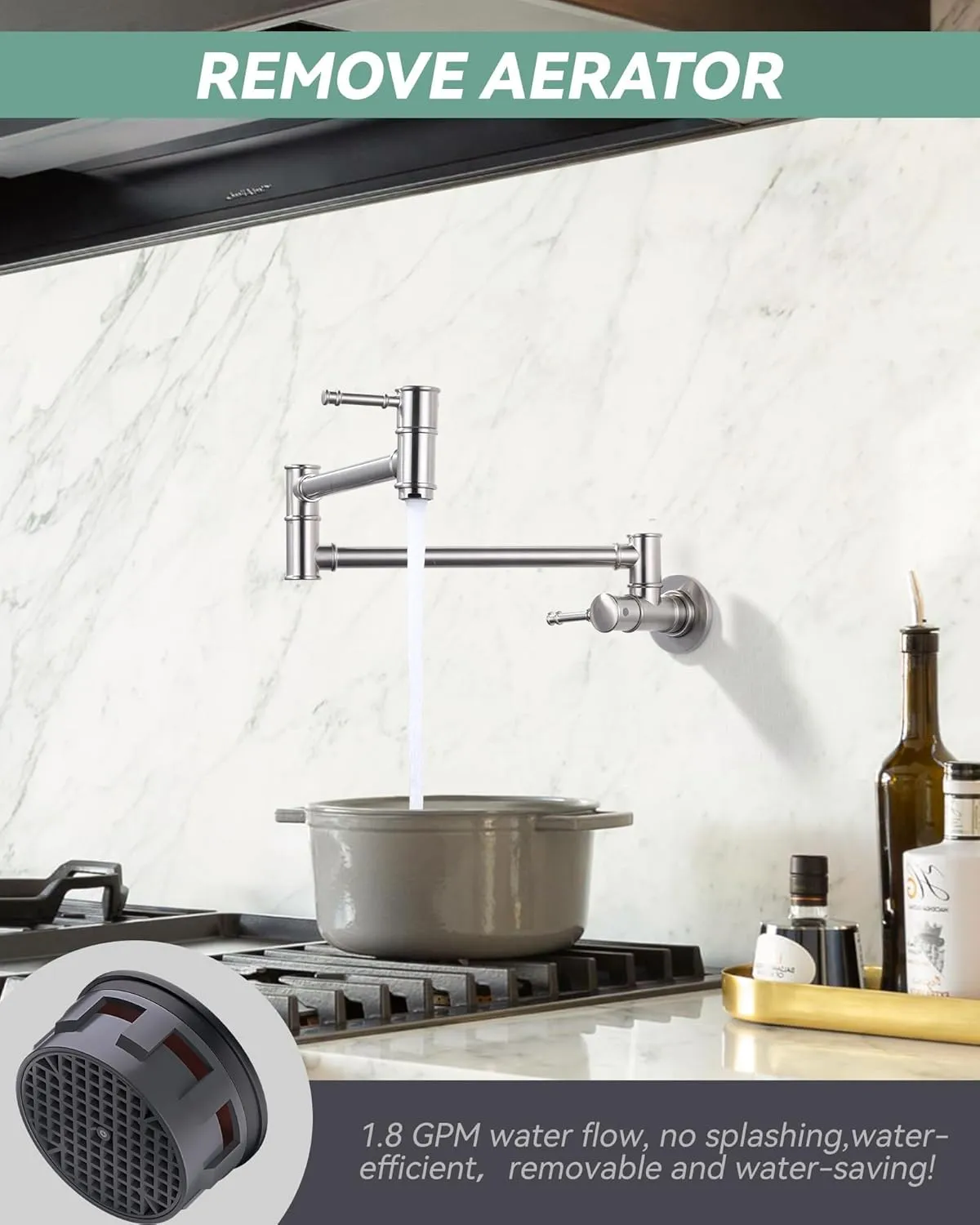 Solid Brass Pot Filler, Brushed Nickel Folding Kitchen Faucet, Wall Mount With 2 Handles Over Stove, One Hole