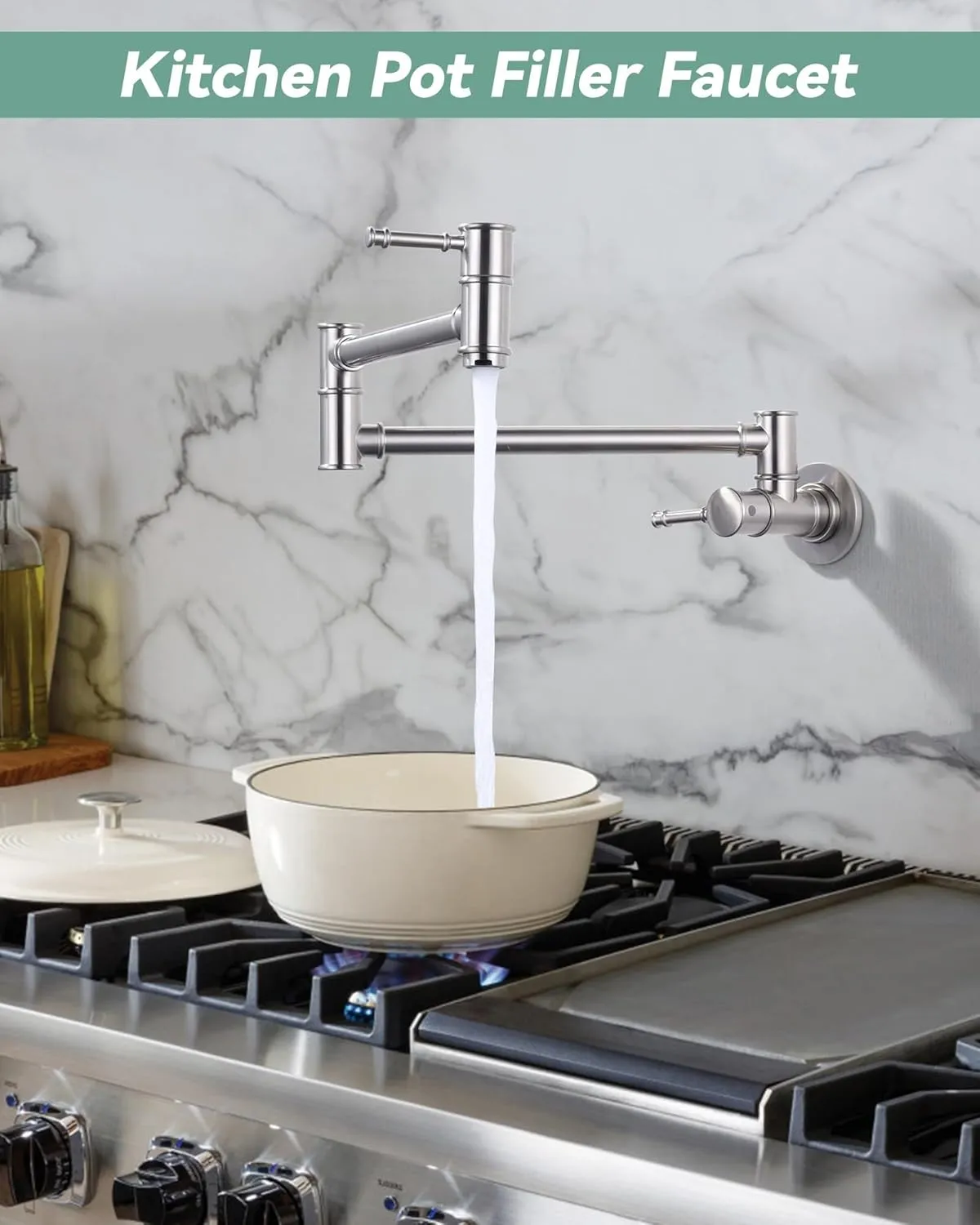 Solid Brass Pot Filler, Brushed Nickel Folding Kitchen Faucet, Wall Mount With 2 Handles Over Stove, One Hole