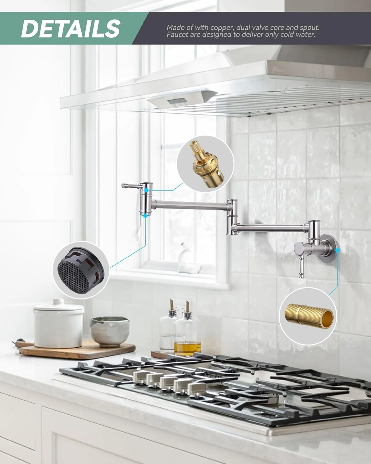 Solid Brass Pot Filler, Brushed Nickel Folding Kitchen Faucet, Wall Mount With 2 Handles Over Stove, One Hole