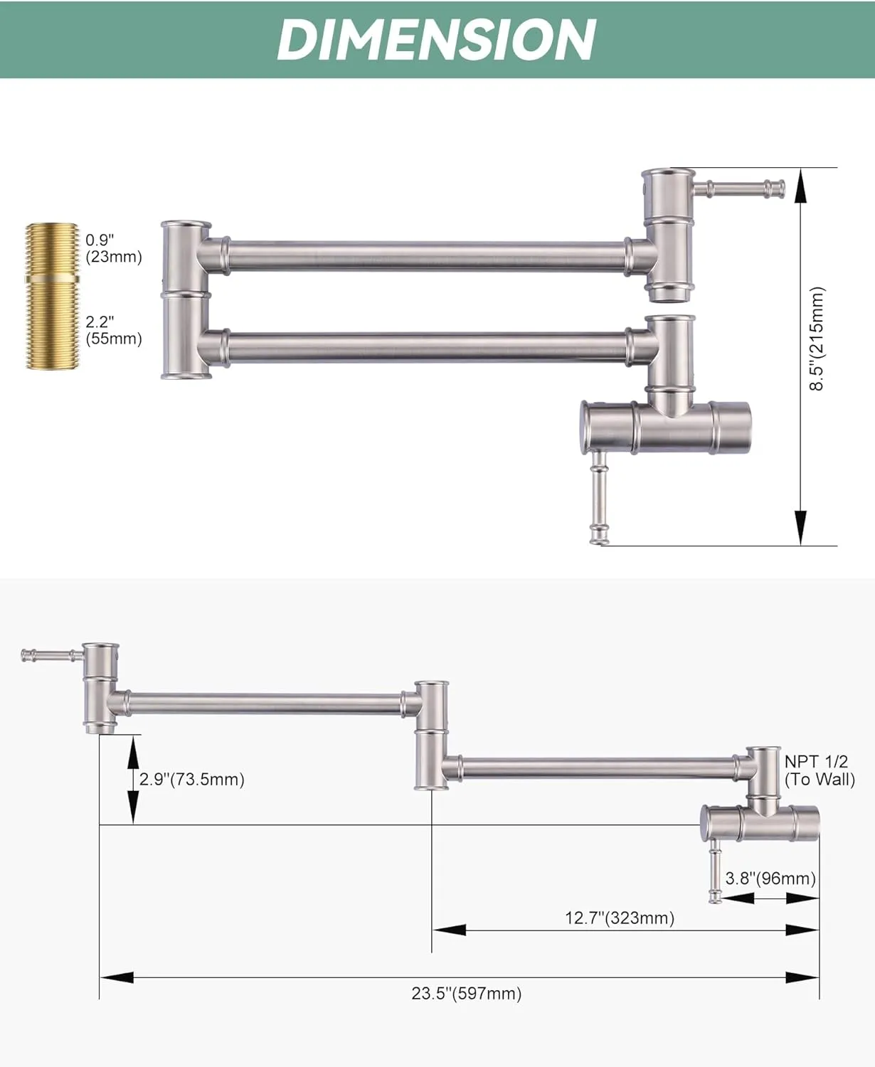 Solid Brass Pot Filler, Brushed Nickel Folding Kitchen Faucet, Wall Mount With 2 Handles Over Stove, One Hole