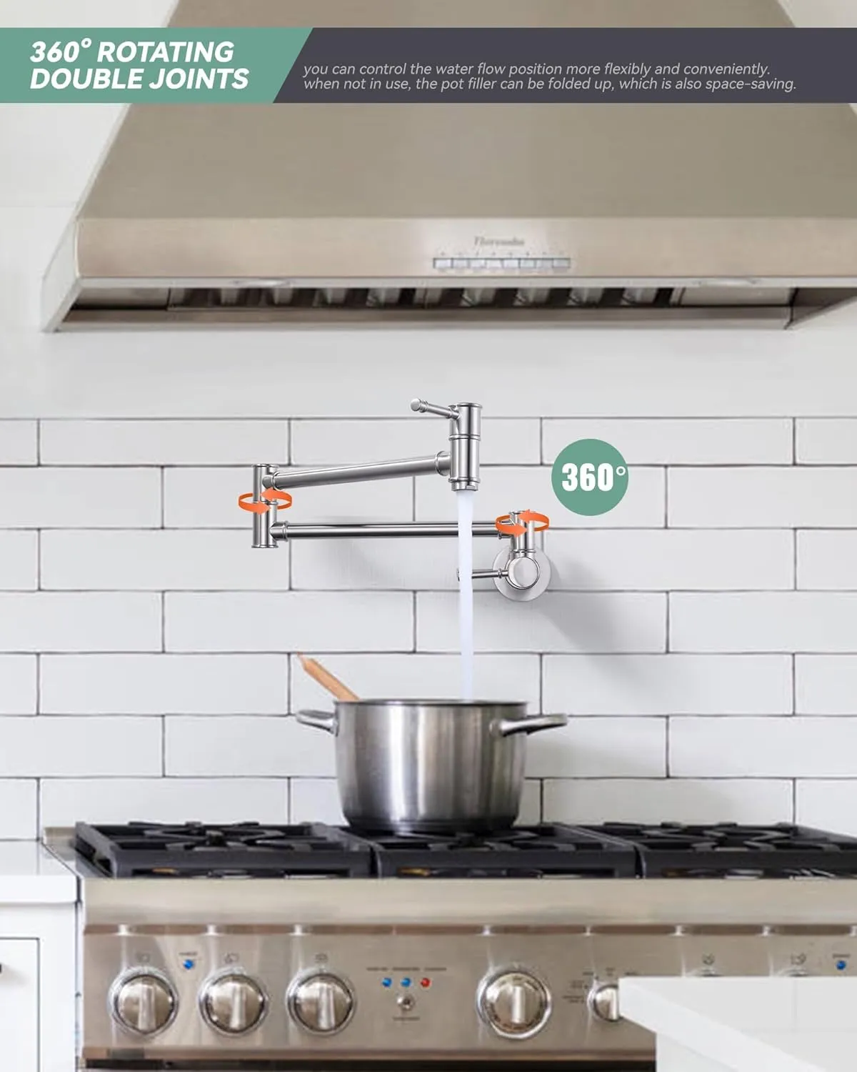 Solid Brass Pot Filler, Brushed Nickel Folding Kitchen Faucet, Wall Mount With 2 Handles Over Stove, One Hole