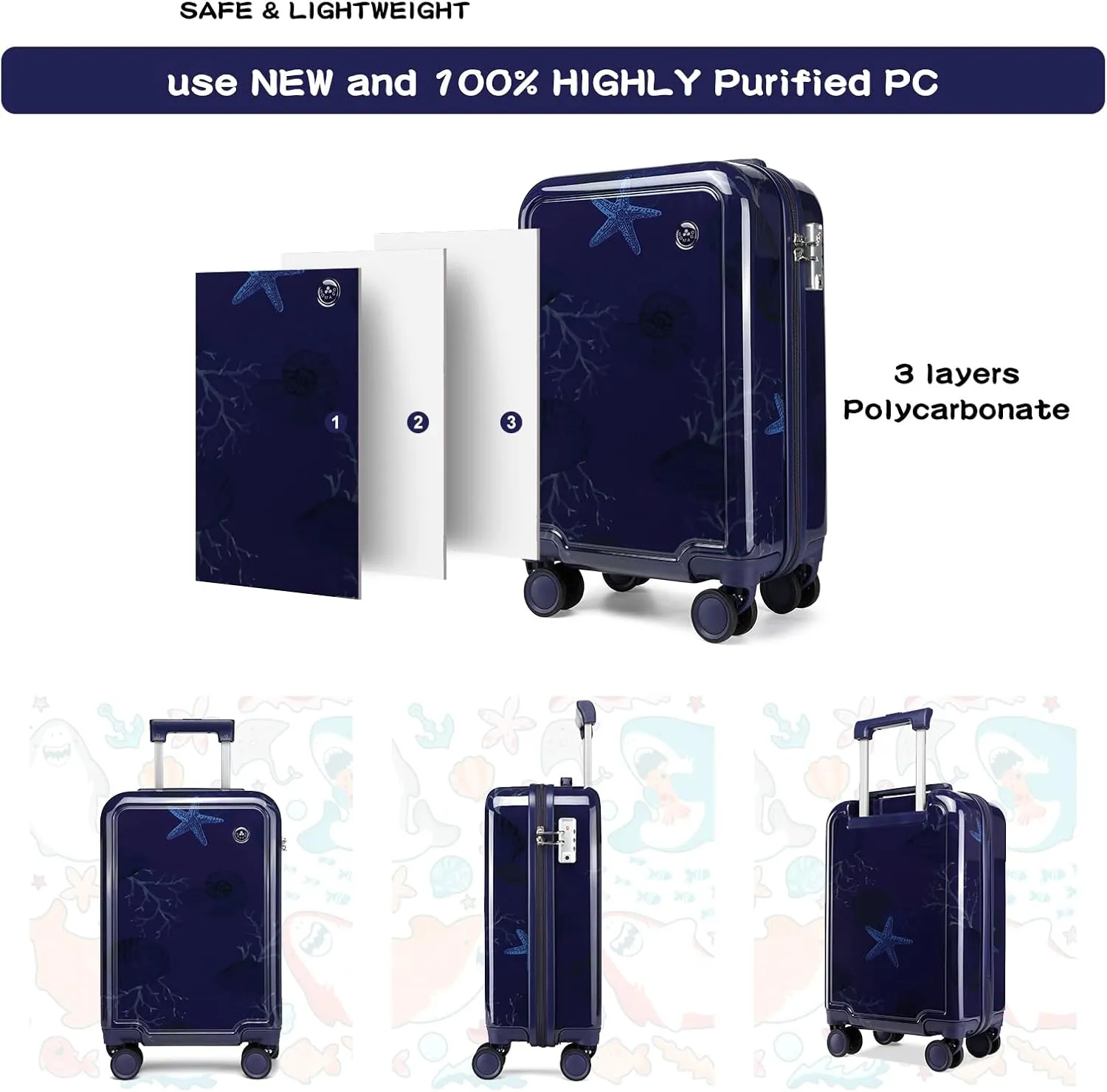 Somago 4 Piece Kid's Luggage with Backpack Set for Boys Girls Spinner 18" Hardside PC Rolling Carry on Suitcase with TSA Lock (Seashell Navy)