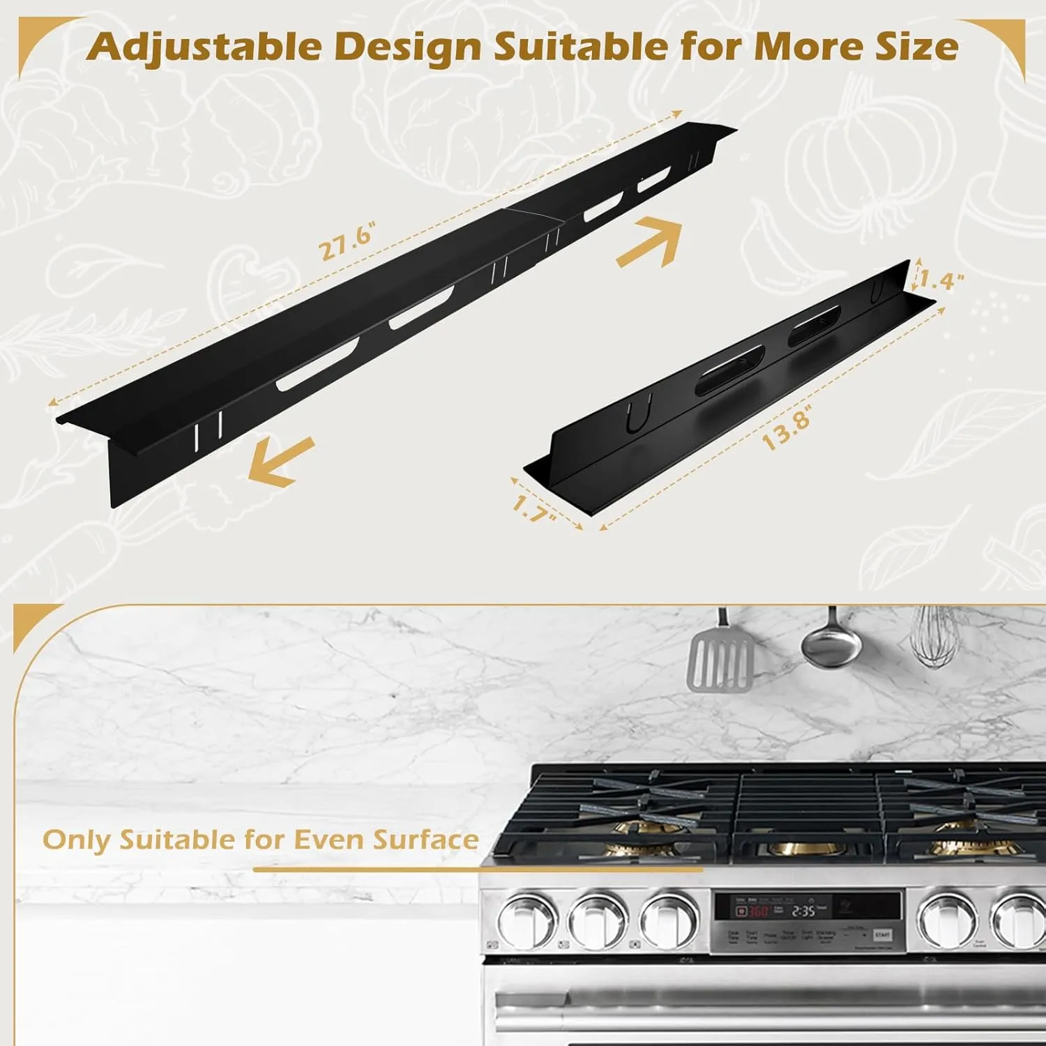 Stainless Steel Stove Gap Cover 2 Packs, 13.8"~27.6" Adjustable Kitchen Stove Counter Gap Cover for Level Surface, Heat Resistant Cooktop Trim Kit, Easy to Clear Stove Guard (Black)