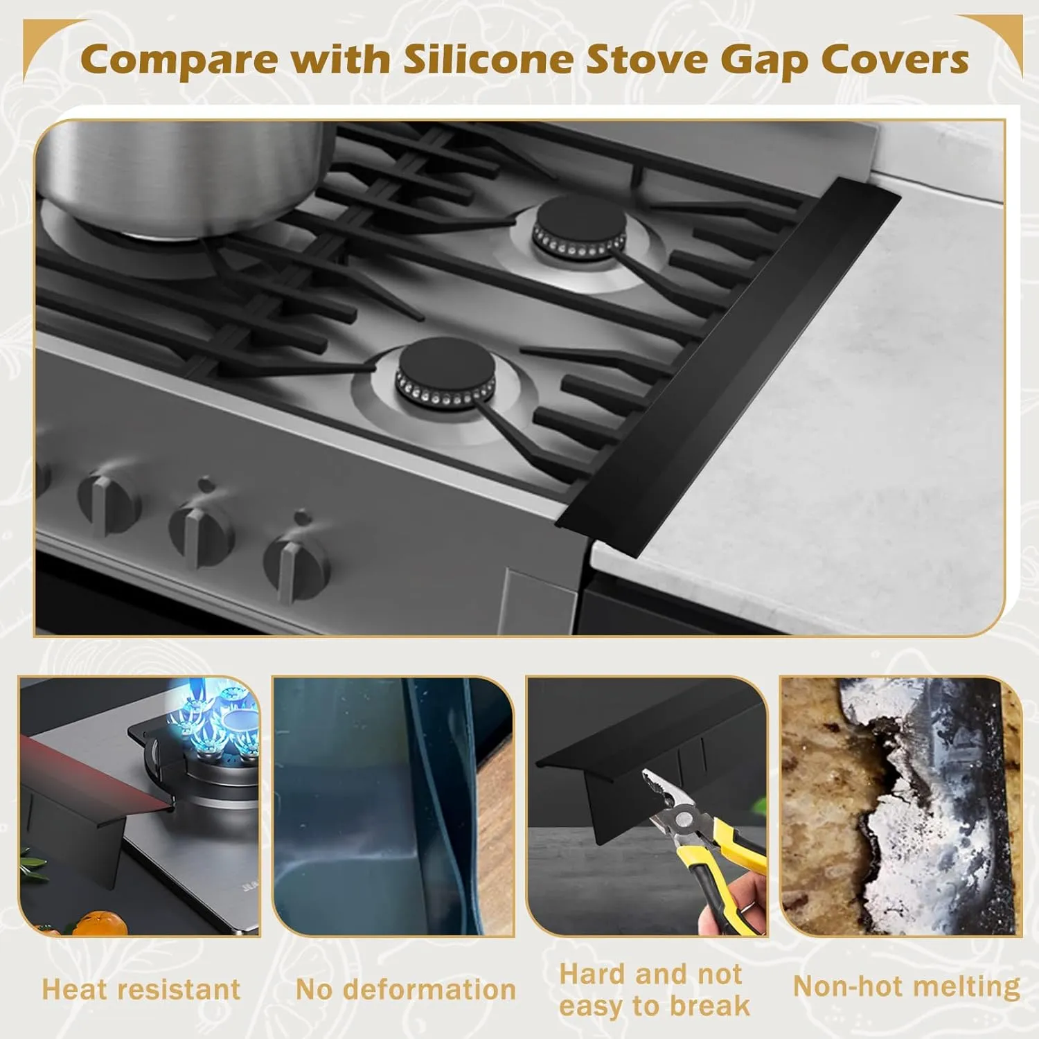 Stainless Steel Stove Gap Cover 2 Packs, 13.8"~27.6" Adjustable Kitchen Stove Counter Gap Cover for Level Surface, Heat Resistant Cooktop Trim Kit, Easy to Clear Stove Guard (Black)