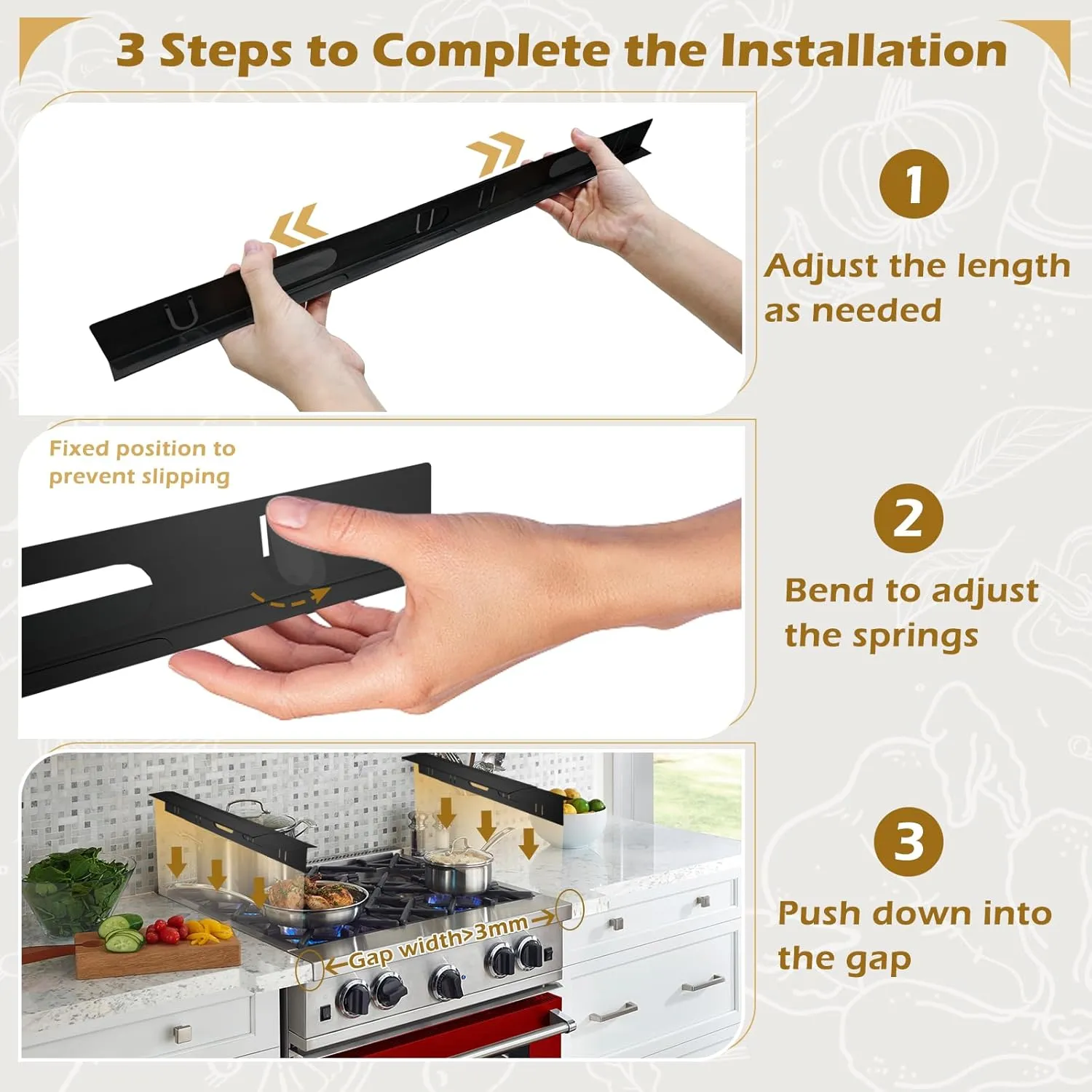 Stainless Steel Stove Gap Cover 2 Packs, 13.8"~27.6" Adjustable Kitchen Stove Counter Gap Cover for Level Surface, Heat Resistant Cooktop Trim Kit, Easy to Clear Stove Guard (Black)