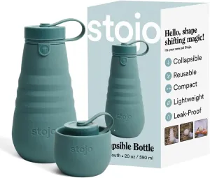 STOJO Collapsible Sports Water Bottle - Leak-Proof Reusable Silicone Travel Cup for Hot & Cold Drinks - Microwave & Dishwasher Safe - AS SEEN ON TODAY SHOW - Parent (Eucalyptus)