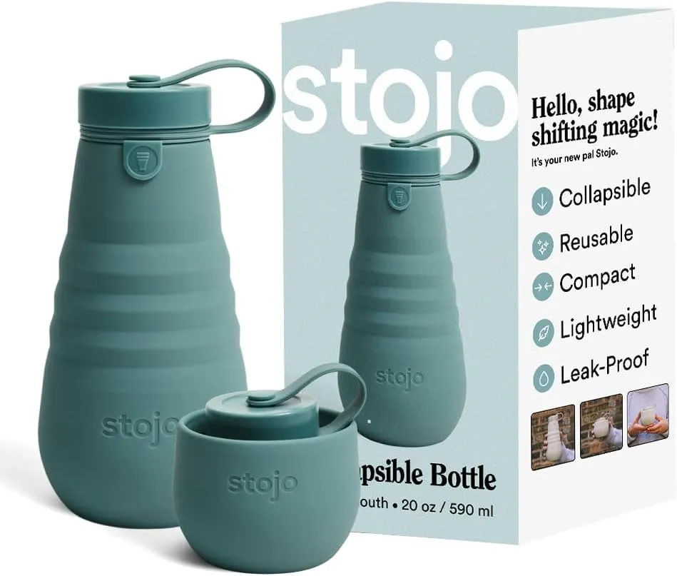 STOJO Collapsible Sports Water Bottle - Leak-Proof Reusable Silicone Travel Cup for Hot & Cold Drinks - Microwave & Dishwasher Safe - AS SEEN ON TODAY SHOW - Parent (Eucalyptus)