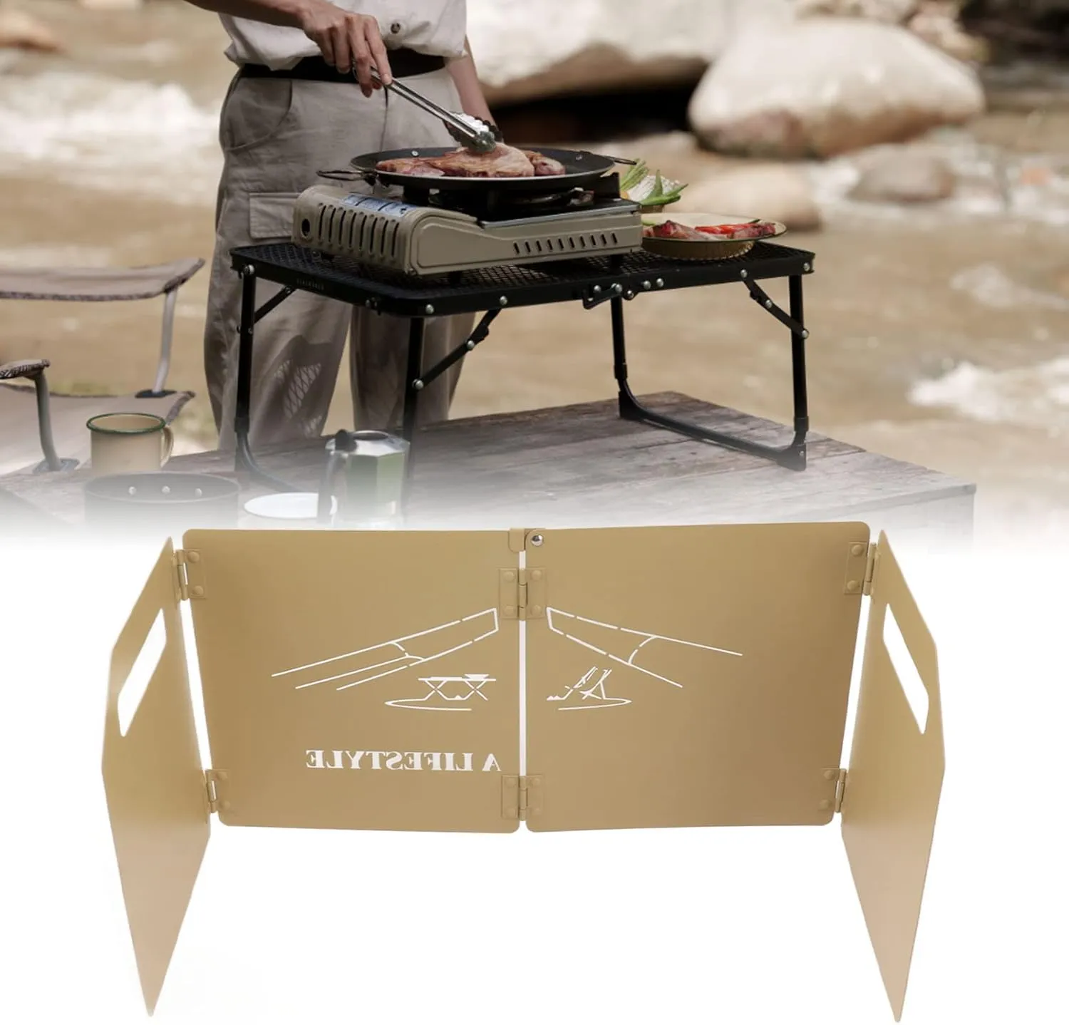 Stove Windscreen, Folding Stove Windscreen Riveted Structure Round Edges Oilproof for Outdoors (Khaki)