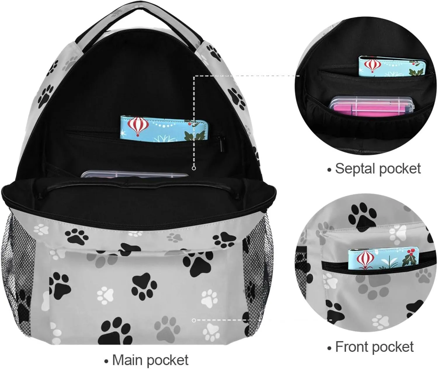 Student Backpack with Name Tag Slot Dog Paw Print Lightweight and Comfortable School Bag Laptop Backpack with Side Pocket