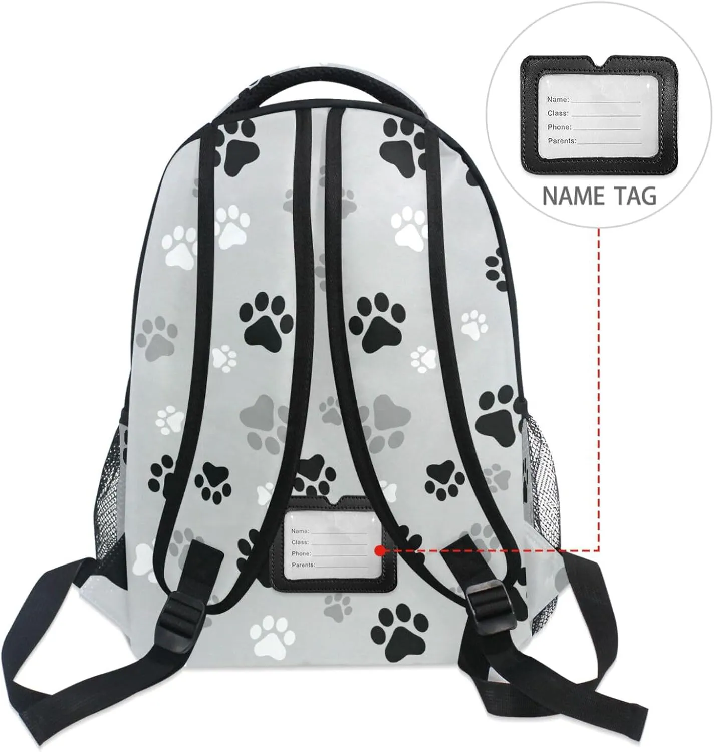 Student Backpack with Name Tag Slot Dog Paw Print Lightweight and Comfortable School Bag Laptop Backpack with Side Pocket