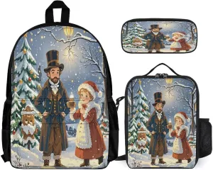 Stylish 3-in-1 Backpack Set, Christmas Carol Art Print Backpack, Lunch Bag & Pencil Case - Durable Polyester,Lightweight,Comfortable Straps