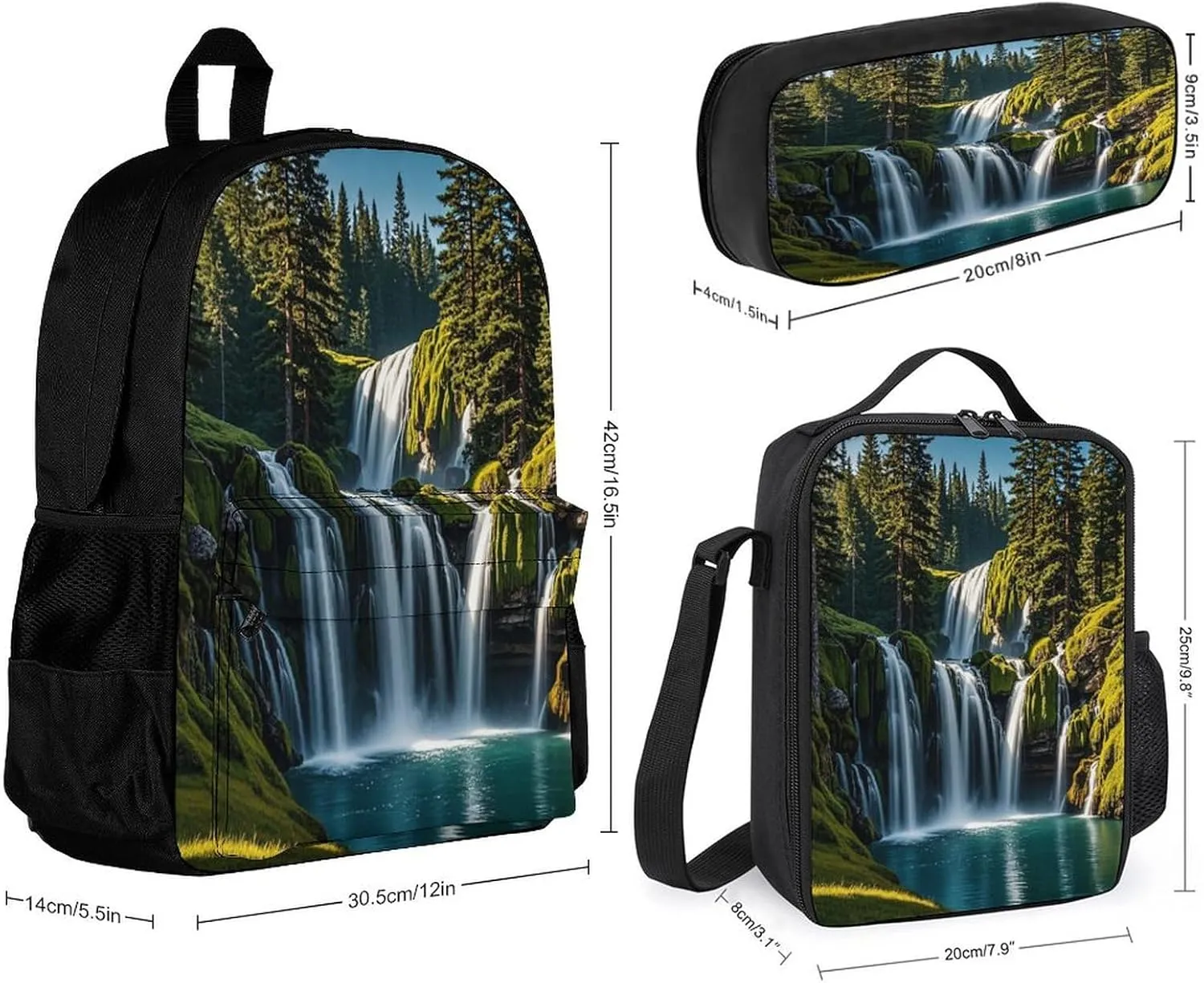 Stylish 3-in-1 Backpack Set, Green Pine Waterfall Print Backpack, Lunch Bag & Pencil Case - Durable Polyester,Lightweight,Comfortable Straps