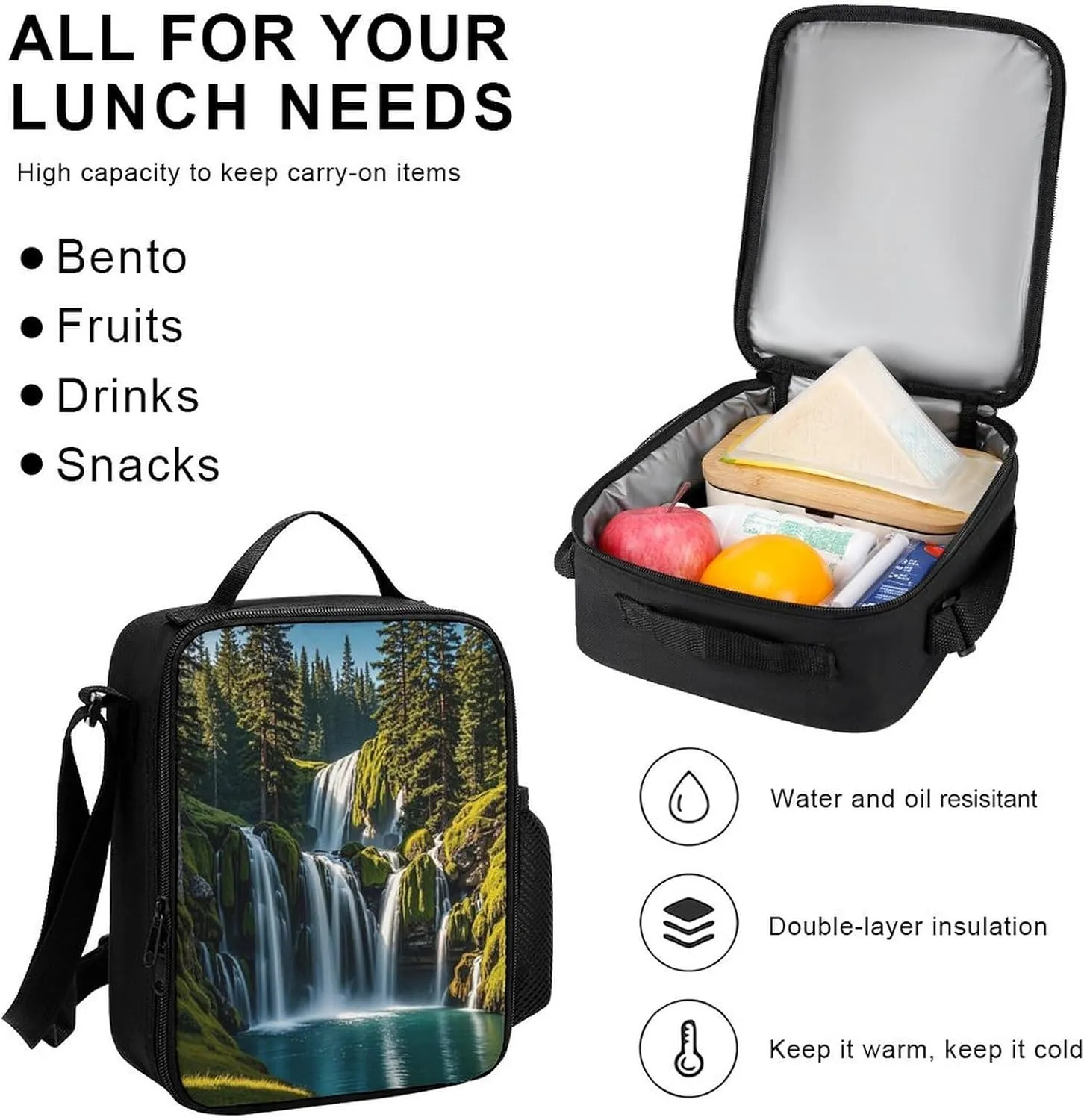 Stylish 3-in-1 Backpack Set, Green Pine Waterfall Print Backpack, Lunch Bag & Pencil Case - Durable Polyester,Lightweight,Comfortable Straps