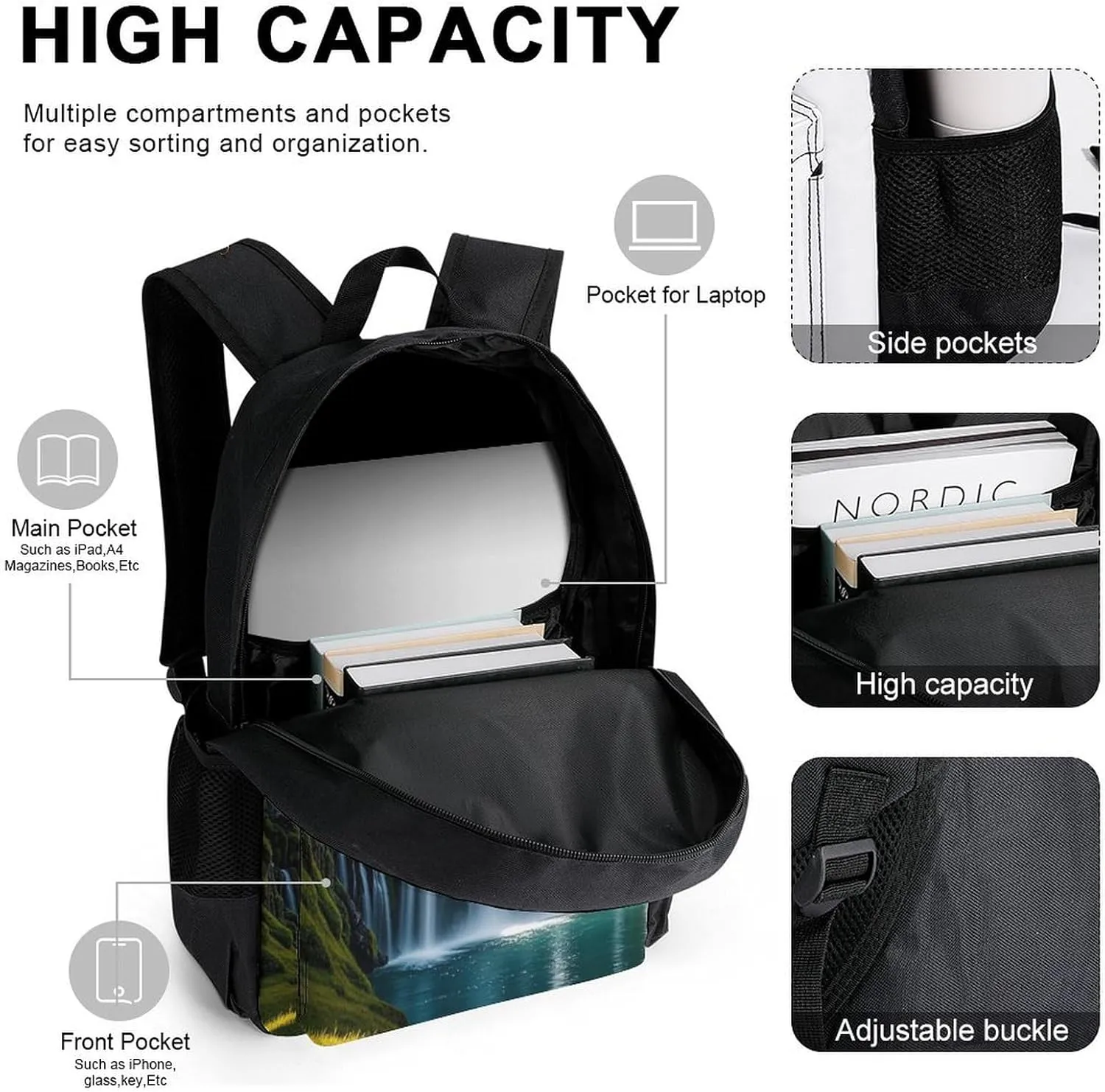 Stylish 3-in-1 Backpack Set, Green Pine Waterfall Print Backpack, Lunch Bag & Pencil Case - Durable Polyester,Lightweight,Comfortable Straps
