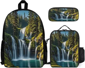 Stylish 3-in-1 Backpack Set, Green Pine Waterfall Print Backpack, Lunch Bag & Pencil Case - Durable Polyester,Lightweight,Comfortable Straps