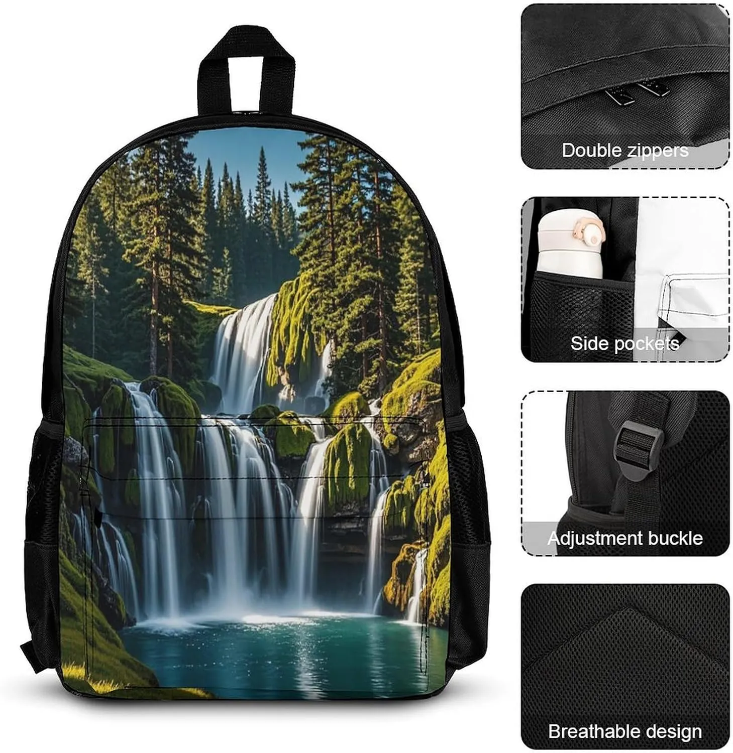 Stylish 3-in-1 Backpack Set, Green Pine Waterfall Print Backpack, Lunch Bag & Pencil Case - Durable Polyester,Lightweight,Comfortable Straps