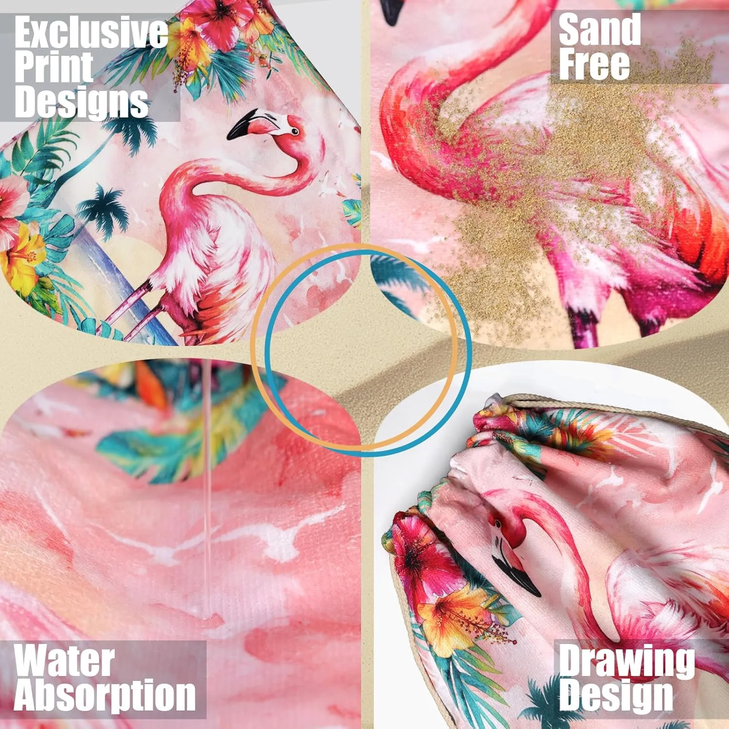 Summer Pink Beach Towel Backpack Bird Printed Drawstring Bag for Women Holiday Travel Picnic