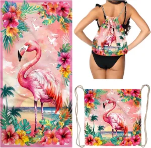 Summer Pink Beach Towel Backpack Bird Printed Drawstring Bag for Women Holiday Travel Picnic