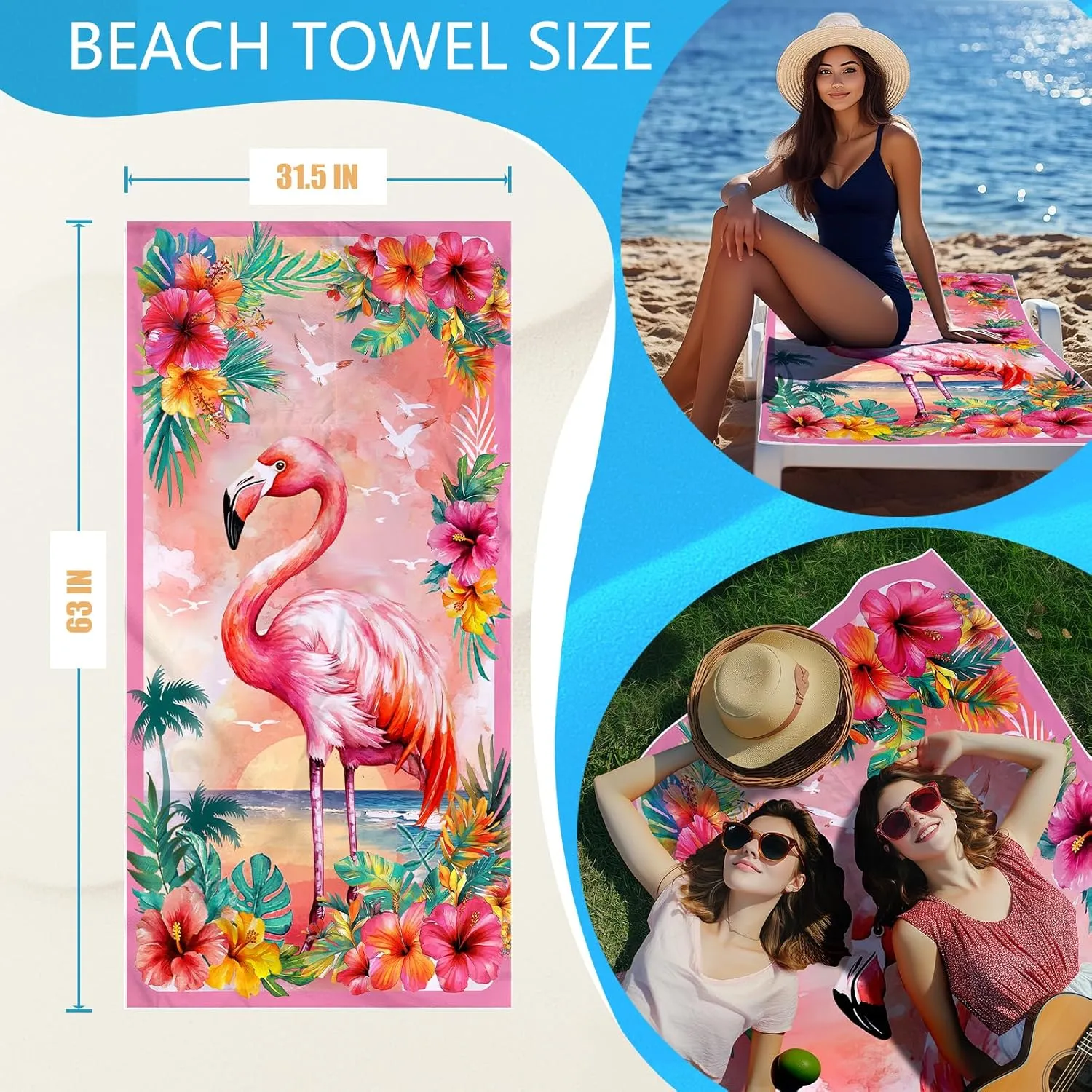 Summer Pink Beach Towel Backpack Bird Printed Drawstring Bag for Women Holiday Travel Picnic