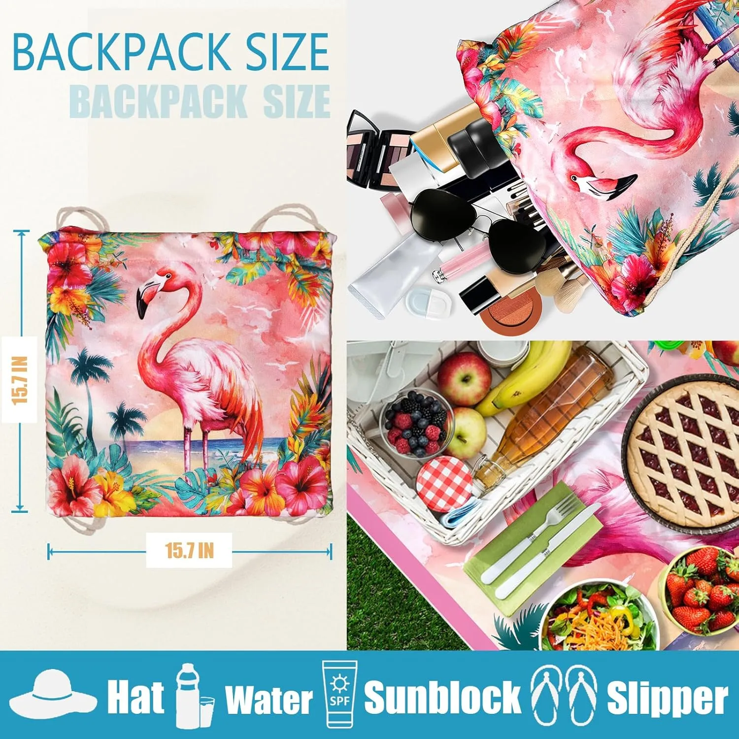 Summer Pink Beach Towel Backpack Bird Printed Drawstring Bag for Women Holiday Travel Picnic