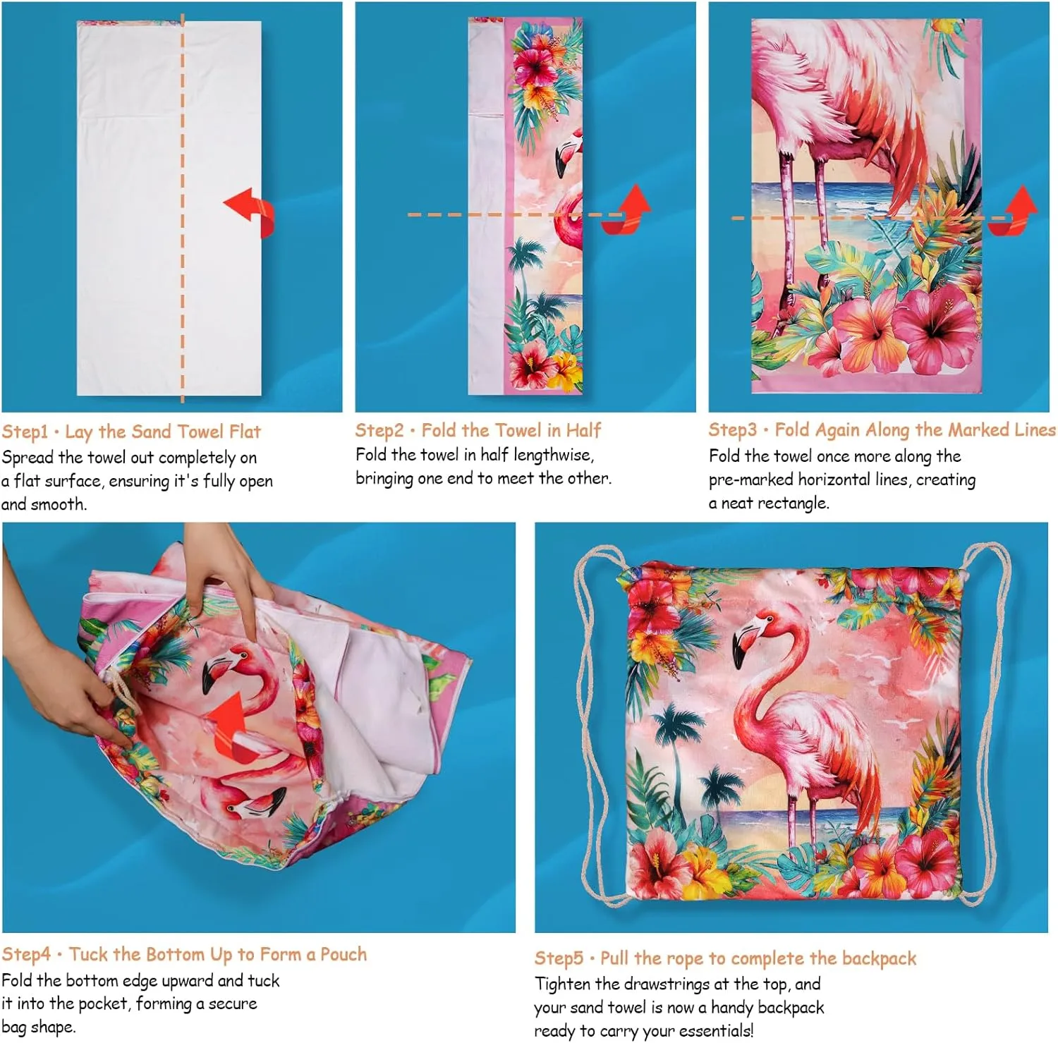 Summer Pink Beach Towel Backpack Bird Printed Drawstring Bag for Women Holiday Travel Picnic