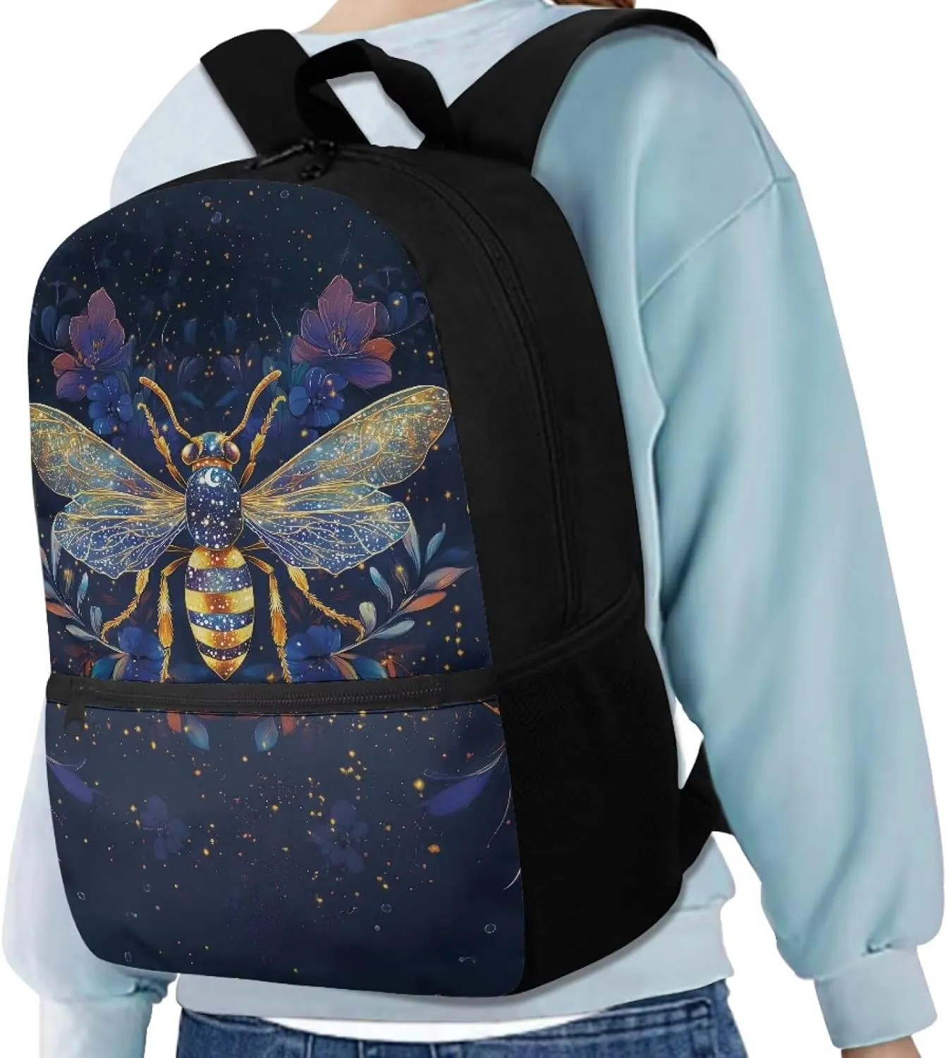 Suobstales Bee Flower Print Kids Backpack with Zipper Pocket, Lightweight School Bookbag with Adjustable Straps Durable Travel Bag for Elementary Students Teens Girls Boys