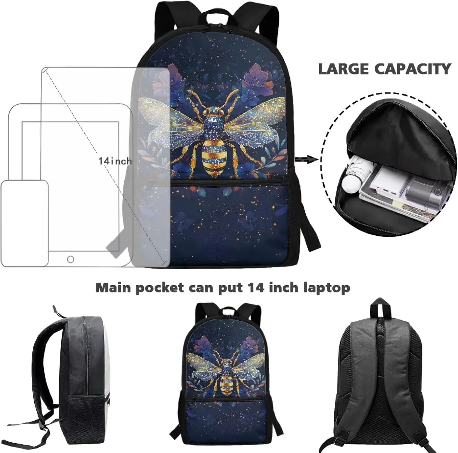 Suobstales Bee Flower Print Kids Backpack with Zipper Pocket, Lightweight School Bookbag with Adjustable Straps Durable Travel Bag for Elementary Students Teens Girls Boys