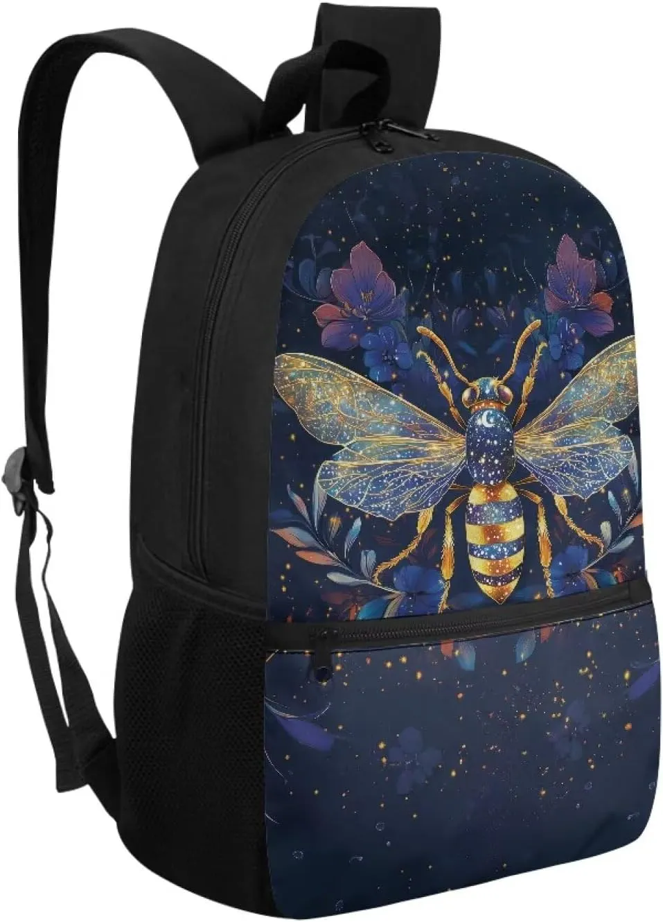 Suobstales Bee Flower Print Kids Backpack with Zipper Pocket, Lightweight School Bookbag with Adjustable Straps Durable Travel Bag for Elementary Students Teens Girls Boys