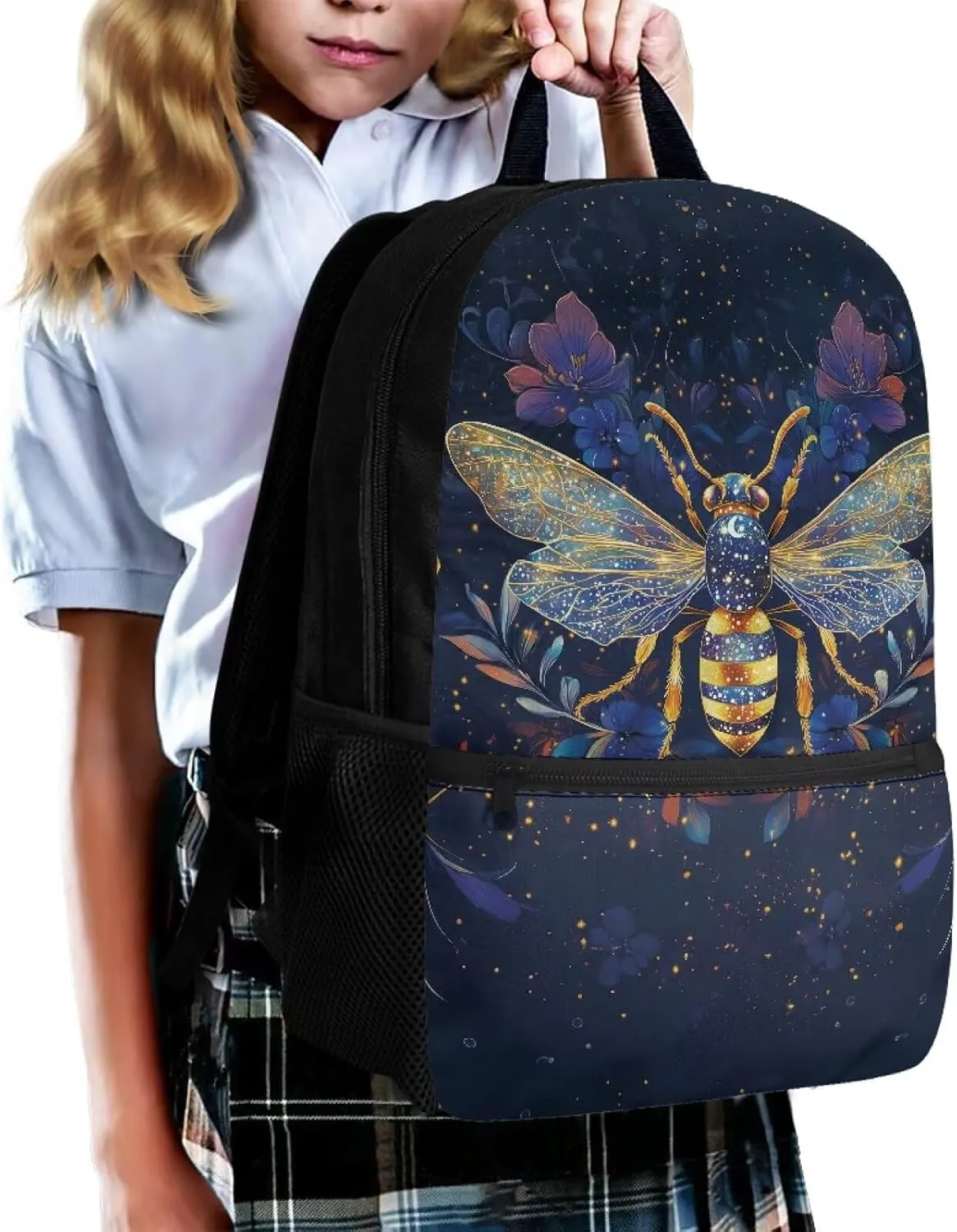 Suobstales Bee Flower Print Kids Backpack with Zipper Pocket, Lightweight School Bookbag with Adjustable Straps Durable Travel Bag for Elementary Students Teens Girls Boys