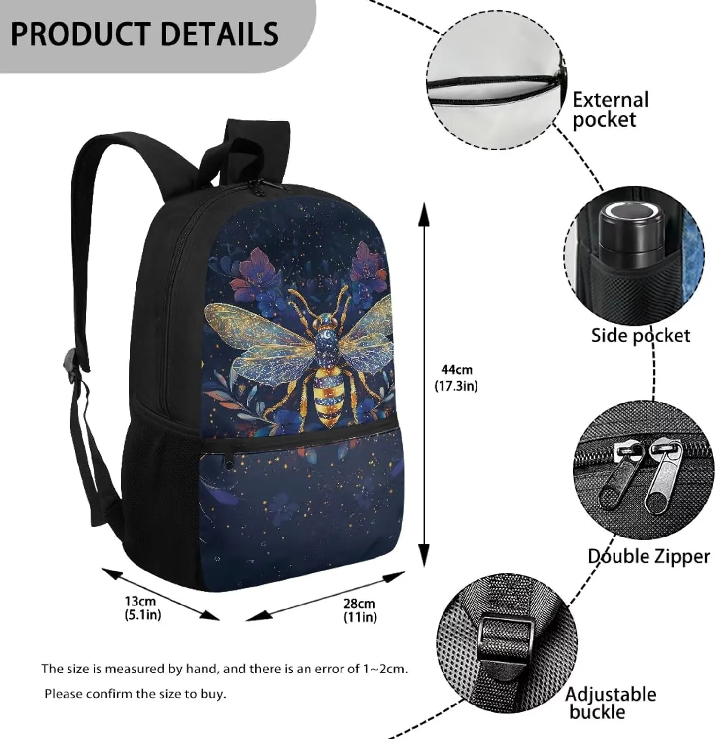 Suobstales Bee Flower Print Kids Backpack with Zipper Pocket, Lightweight School Bookbag with Adjustable Straps Durable Travel Bag for Elementary Students Teens Girls Boys