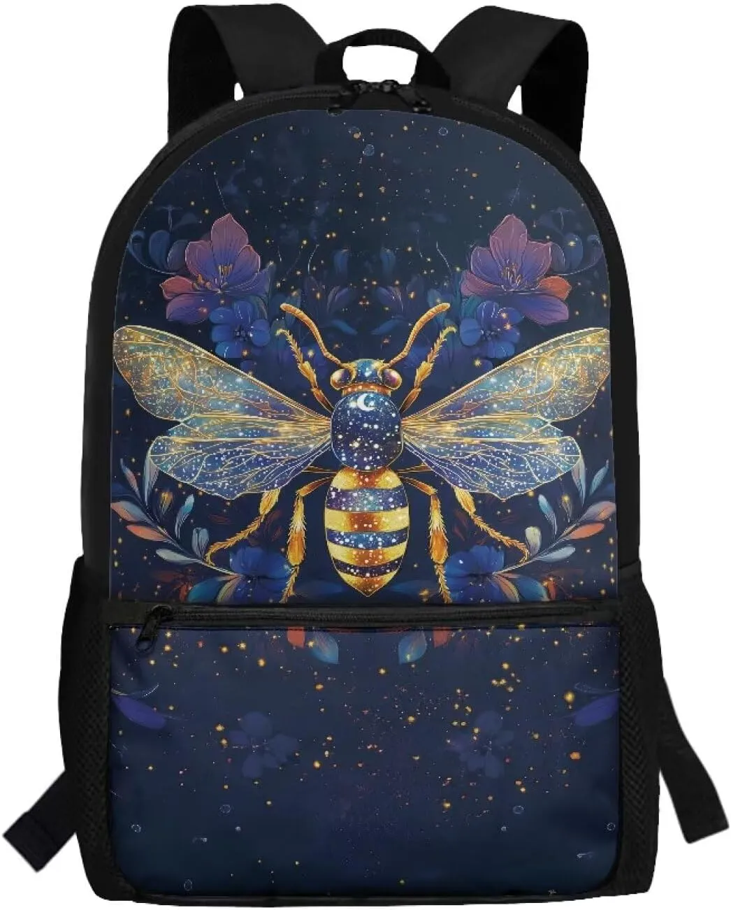 Suobstales Bee Flower Print Kids Backpack with Zipper Pocket, Lightweight School Bookbag with Adjustable Straps Durable Travel Bag for Elementary Students Teens Girls Boys