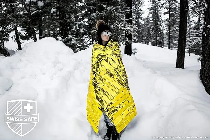 Swiss Safe Emergency Mylar Thermal Blankets   Bonus Space Blanket - Compact & Insulated for Cold Weather - Designed for NASA, Outdoor Camping, Survival, First Aid Car Kit - Gold, 1 Pack