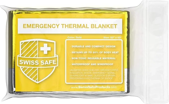 Swiss Safe Emergency Mylar Thermal Blankets   Bonus Space Blanket - Compact & Insulated for Cold Weather - Designed for NASA, Outdoor Camping, Survival, First Aid Car Kit - Gold, 1 Pack