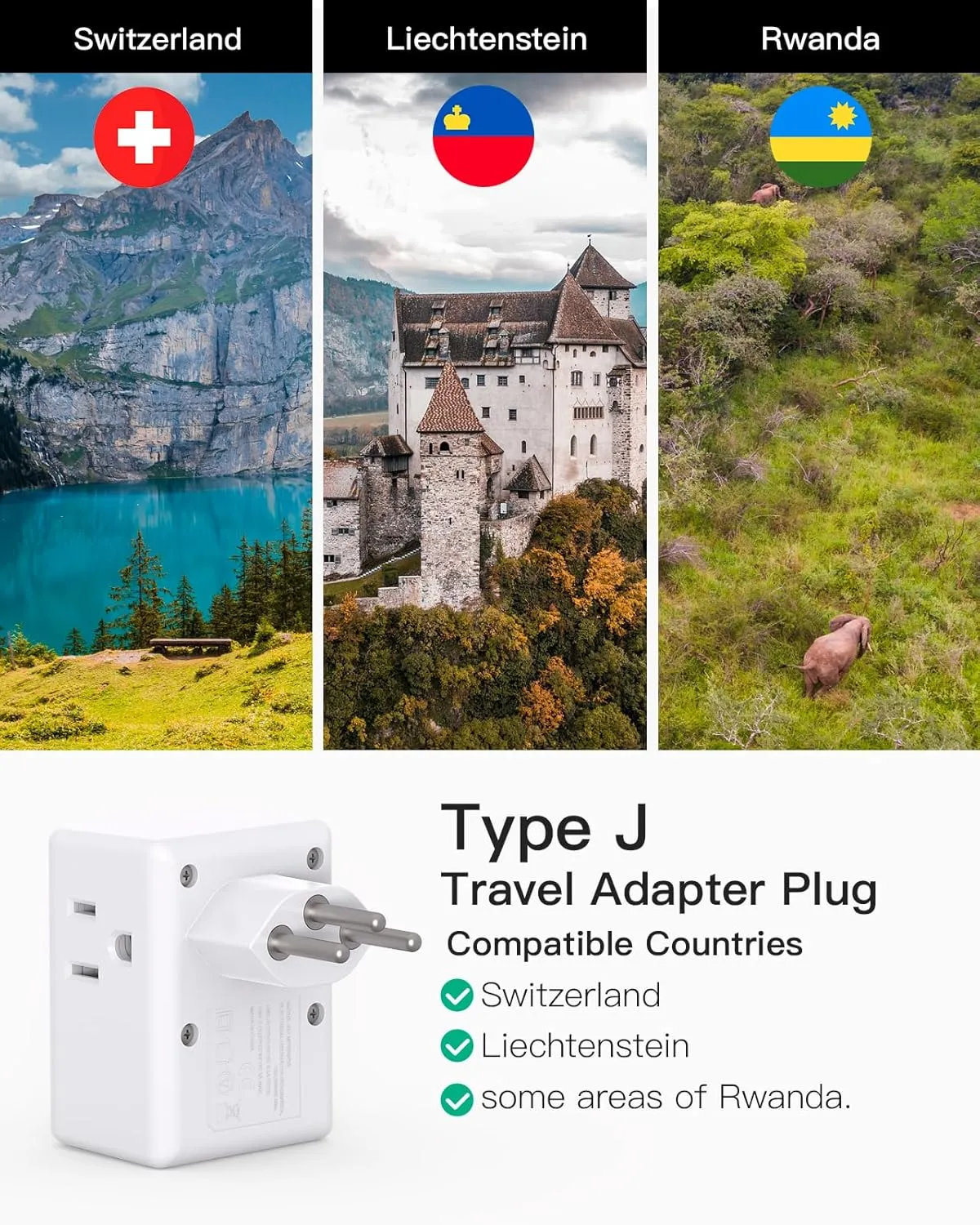 Switzerland Power Adapter, Type J Adaptor Swiss Liechtenstein European Travel Plug Adapter, 3 Outlets 3 USB Charging Ports(2 USB C), 2 Pack