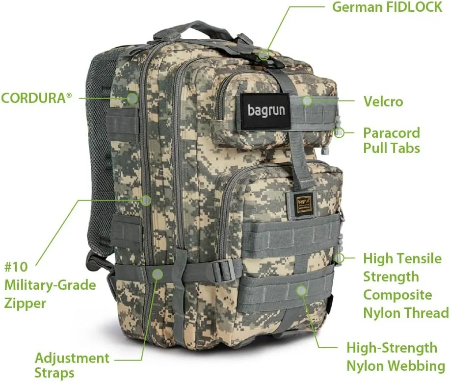 Tactical Military Backpack - Military Grade Molle Army Bag with Multiple Storage for Hiking Trekking (Digital Camouflage)