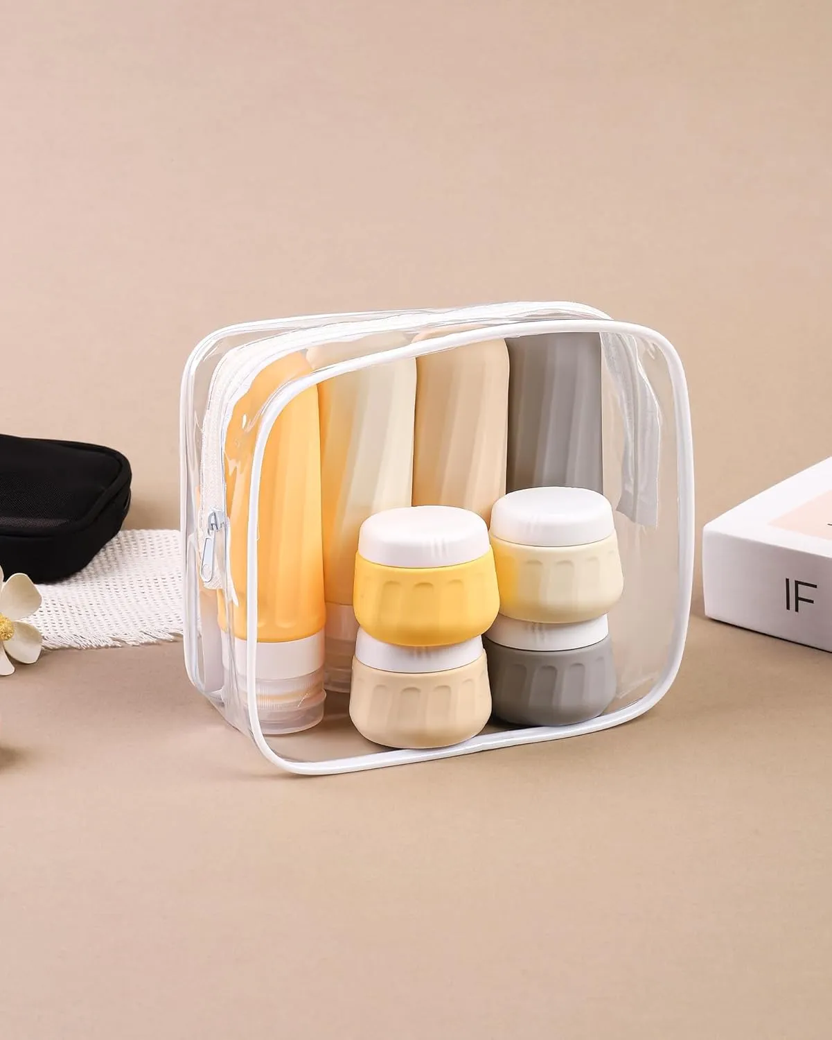 Travel Bottles for Toiletries 8 Pack, Travel Size Toiletries, Tsa Approved Travel Size Containers 3oz, with Travel Essentials Clear Bag, Leak Proof Silicone Squeezable Creams Jars