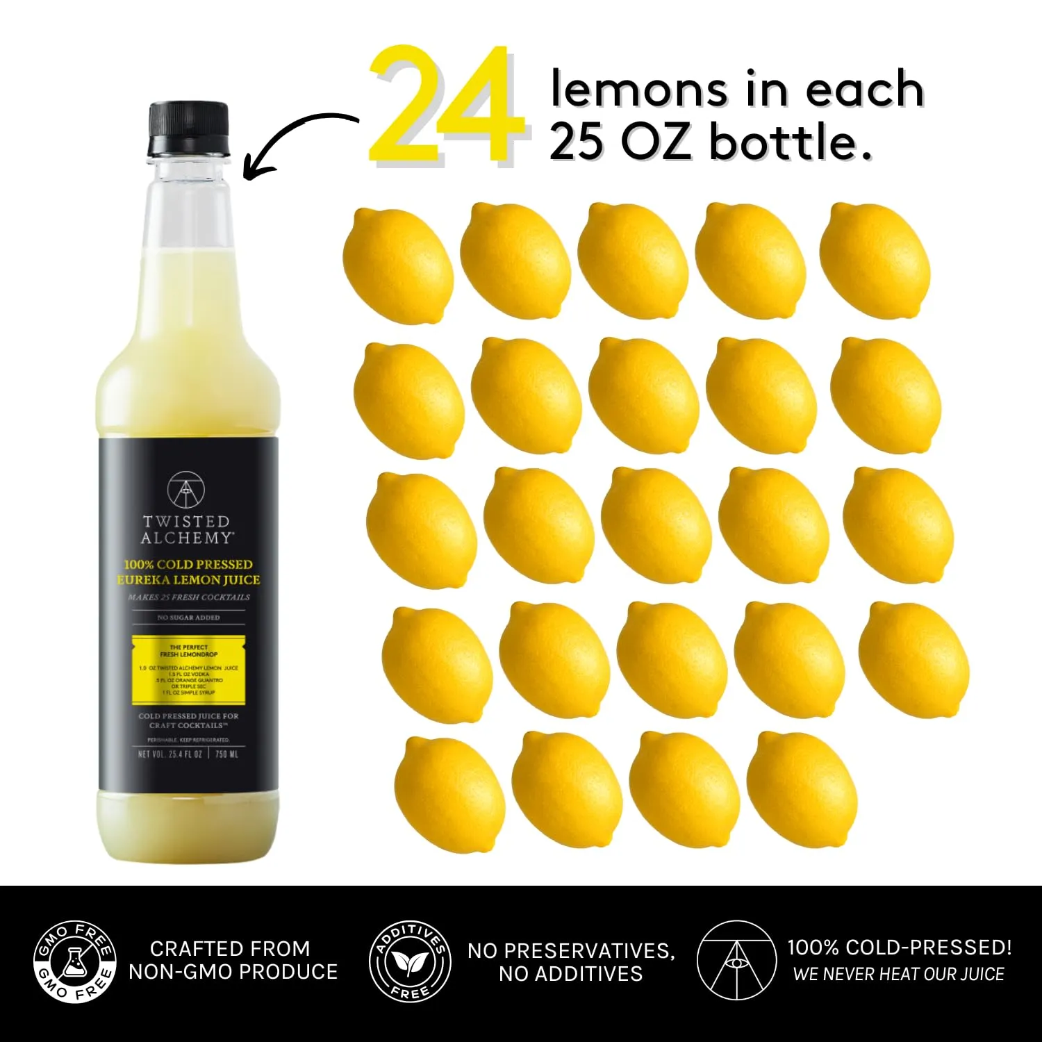 Twisted Alchemy Cold Pressed Fresh Lemon Juice For Craft Cocktails - Fresh, All Natural, Hand Squeezed Lemon Juice Cocktail Mixer - (25 Oz Bottle, Pack Of 1) - No Sugar Added, Preservative Free, Ships Cold, Non-GMO, 100% Pure - Unpasteurized Ships Cold