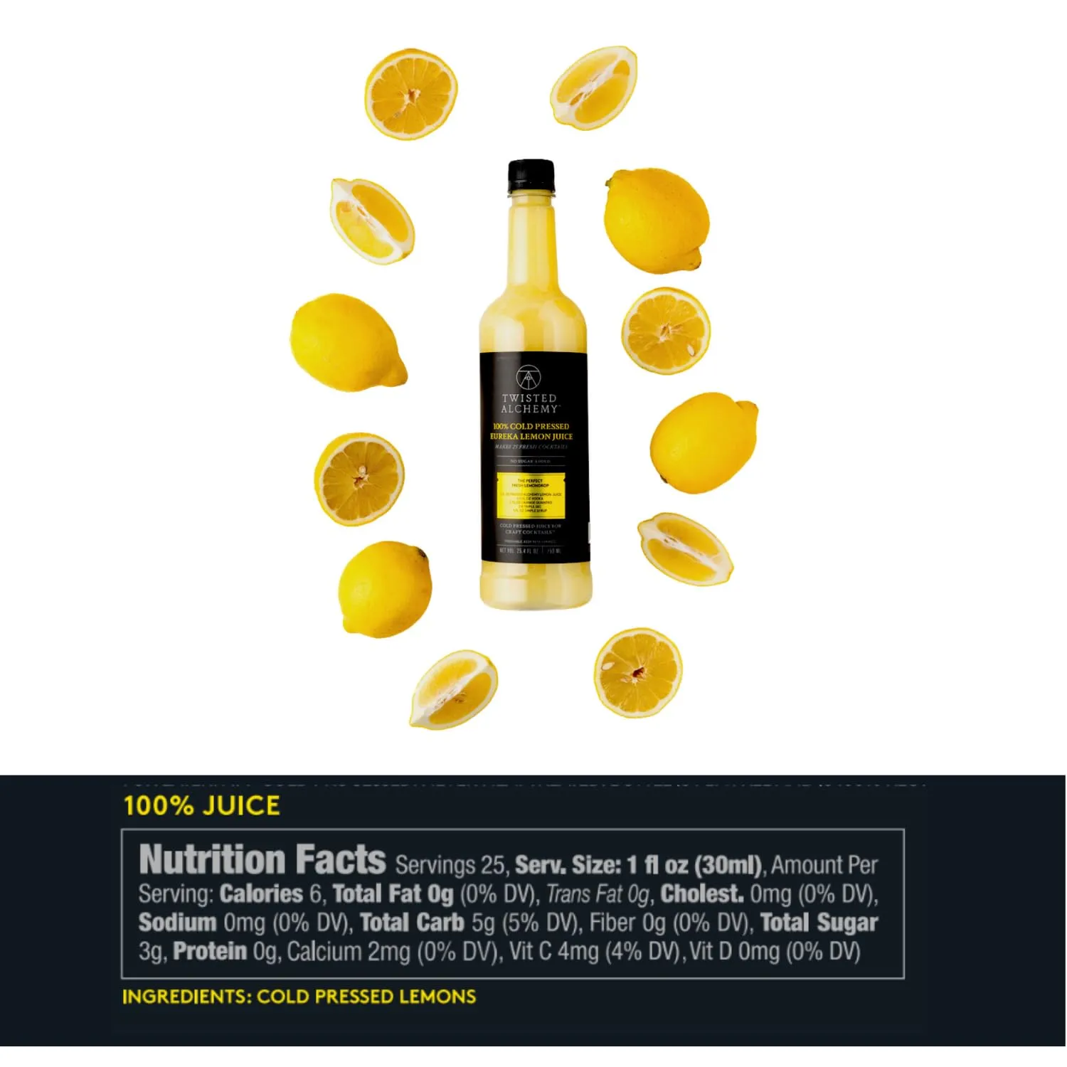 Twisted Alchemy Cold Pressed Fresh Lemon Juice For Craft Cocktails - Fresh, All Natural, Hand Squeezed Lemon Juice Cocktail Mixer - (25 Oz Bottle, Pack Of 1) - No Sugar Added, Preservative Free, Ships Cold, Non-GMO, 100% Pure - Unpasteurized Ships Cold