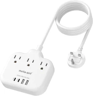 Type G Adapter for Travel,meta-ant US to UK Travel Adapter with 5ft Extension Cord,3 Outlets 4 USB(2 USB-C), Type G UK Ireland Travel Plug Adapter to British Scotland England London Hong Kong Dubai