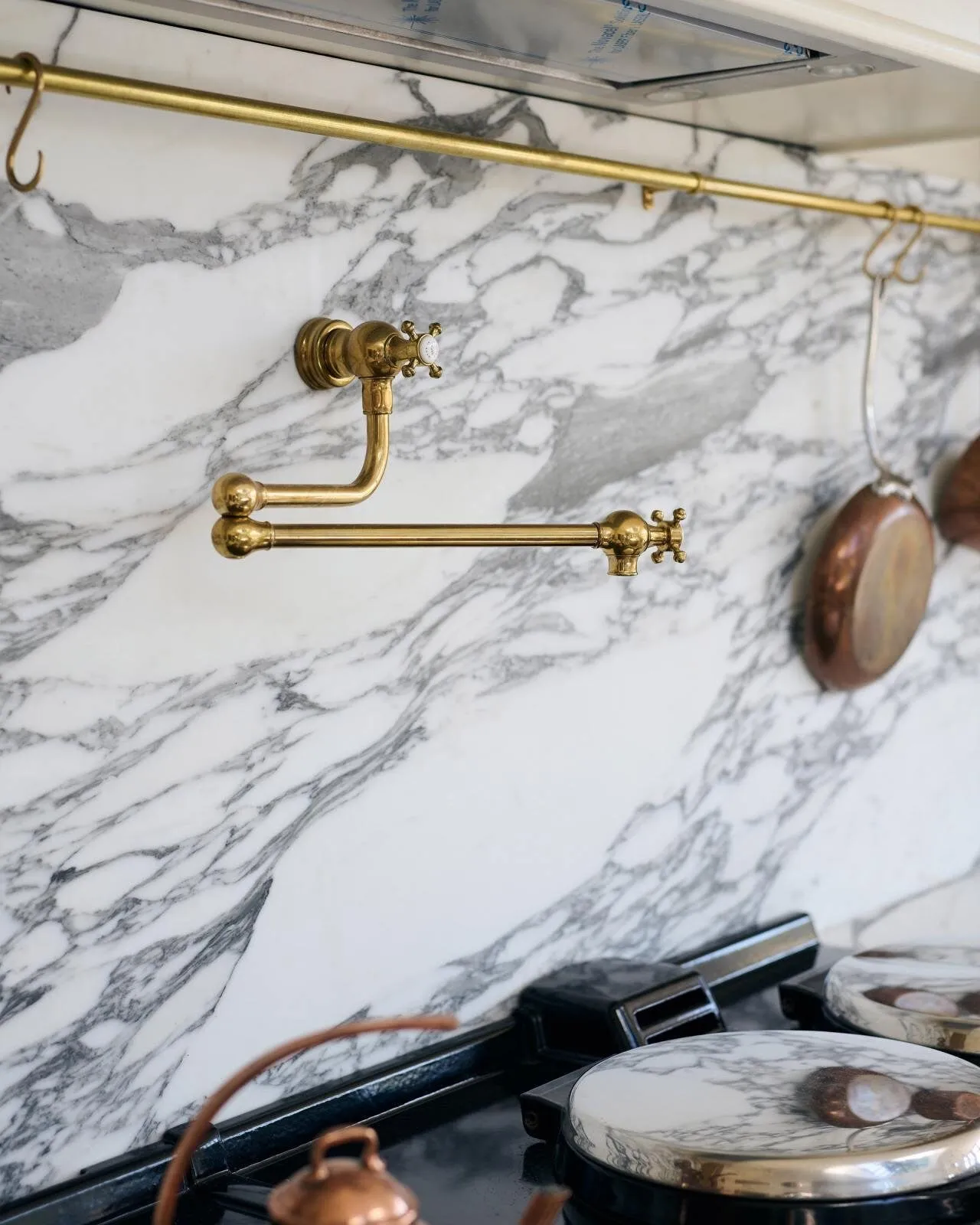 Unlacquered Brass Pot Filler Folding Tap with Dual Handles – Swing Arm Kitchen Faucet for Sink