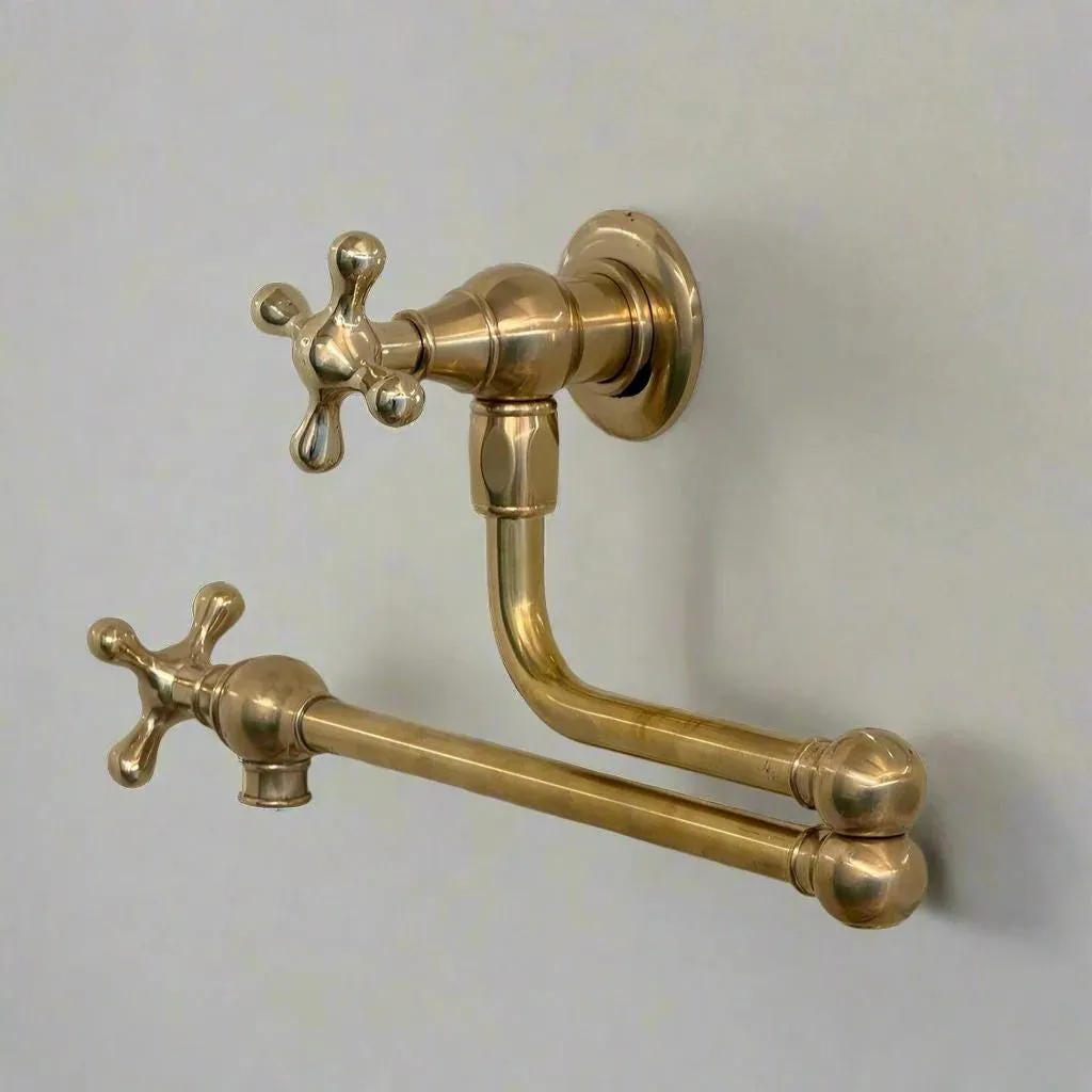 Unlacquered Brass Pot Filler Folding Tap with Dual Handles – Swing Arm Kitchen Faucet for Sink