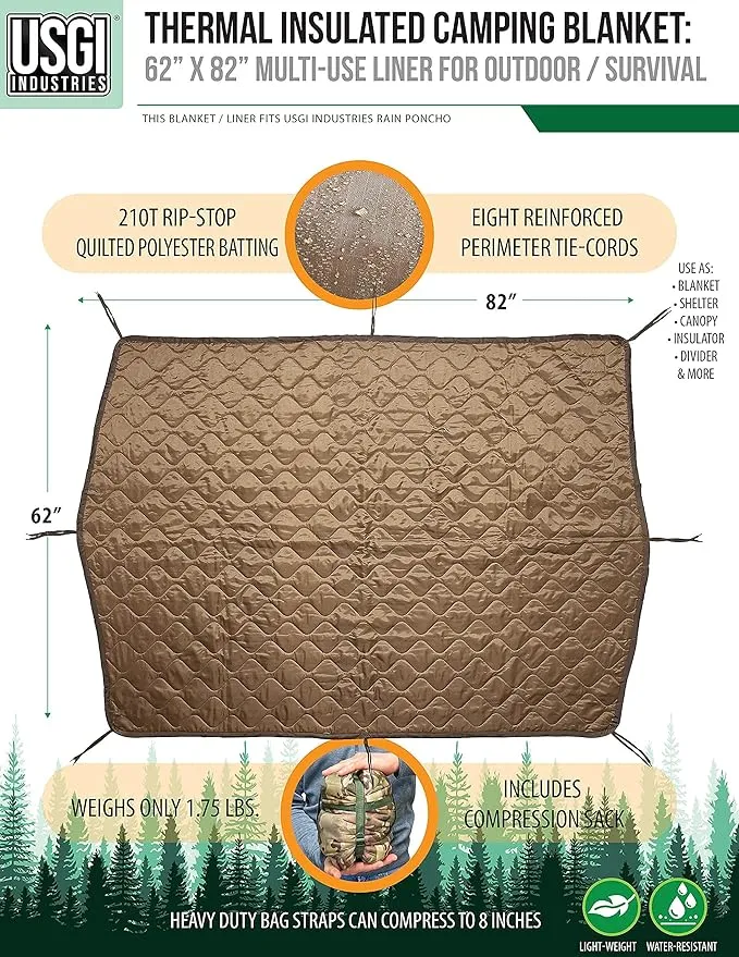 USGI Industries Military Woobie Blanket | Thermal Insulated Camping Blanket, Poncho Liner | Large, Portable, Insulation, Water-Resistant, for Hiking, Survival | Compression Carry Bag
