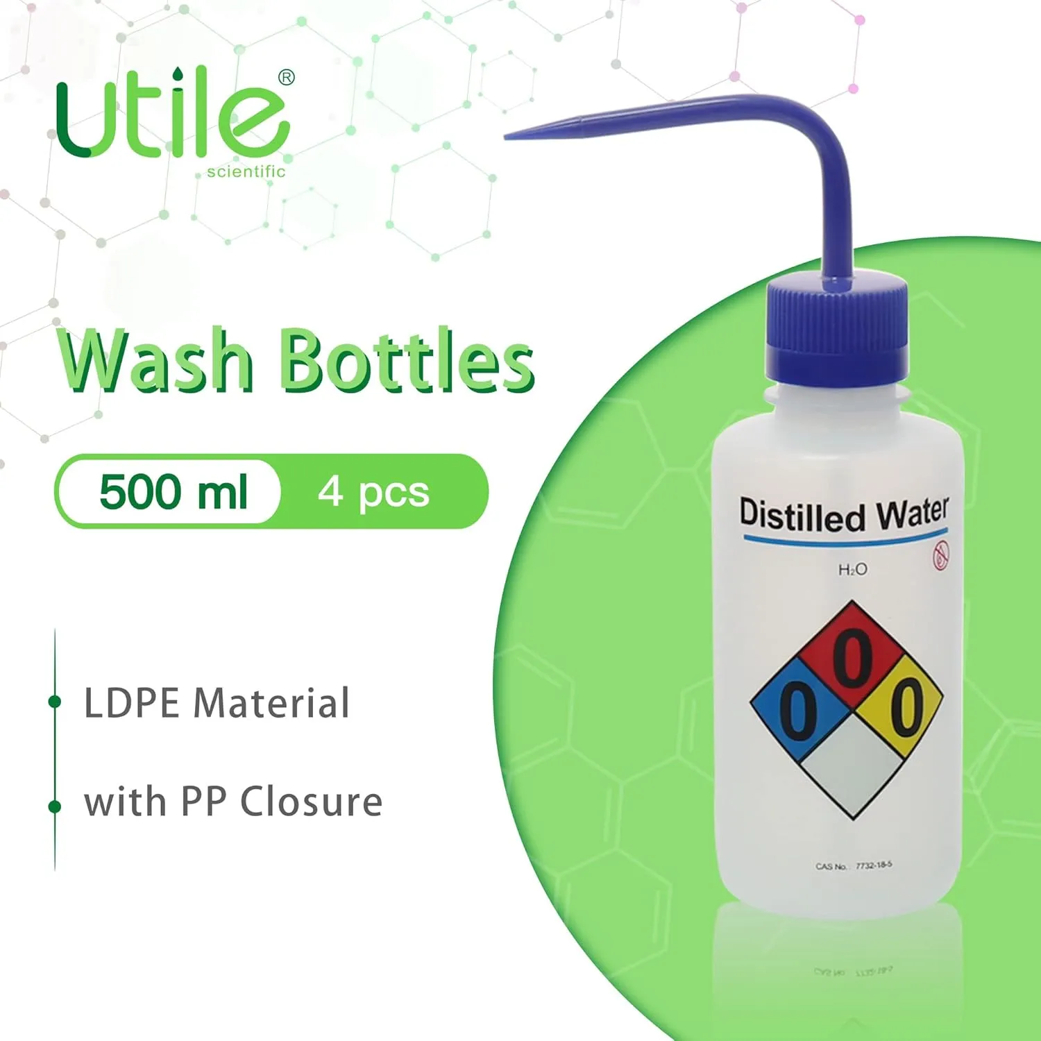 Utile Distilled Water Self-Venting Safety Wash Bottles, 4pcs of Vol.500ml, Narrow Mouth Squeeze Bottles, LDPE Material with PP Material Closure, 5511.0571.4
